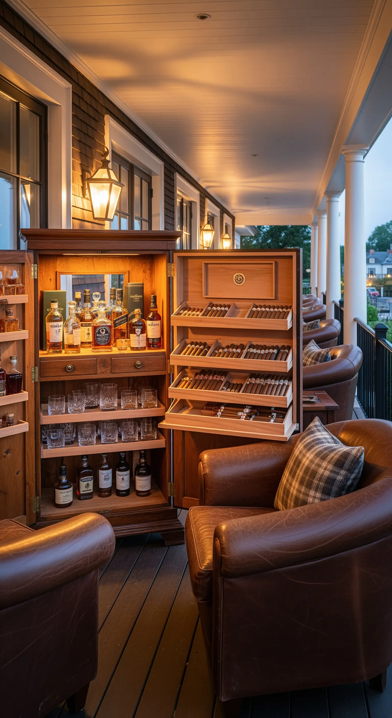 Angolo bar con poltrone in pelle, un mobile con whiskey e un umidificatore per sigari.