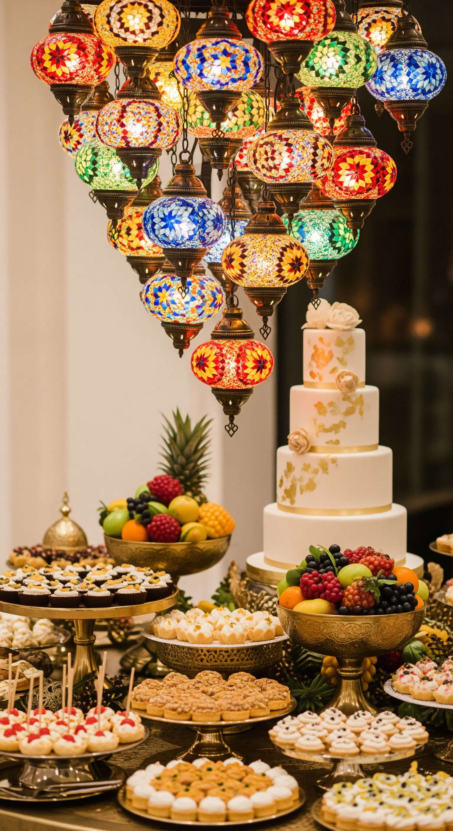 Sweet table con torta nuziale e frutta, illuminato da un lampadario di lanterne a mosaico colorate
