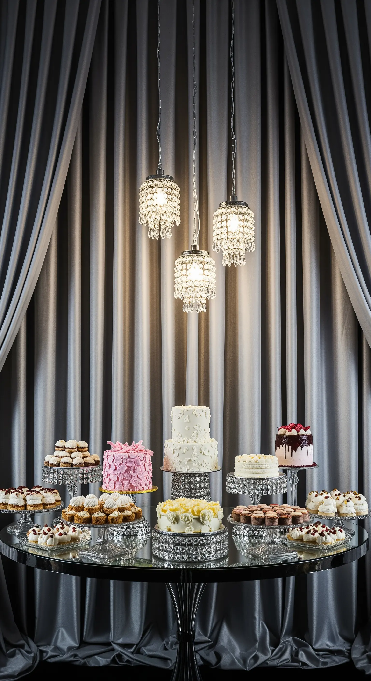 Tavolo dei dessert con torte e pasticcini, illuminato da un gruppo di piccoli chandelier pendenti.