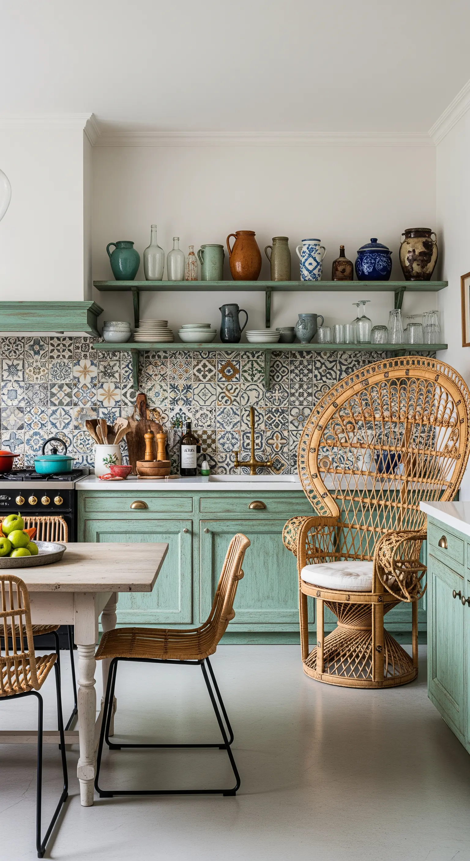 Cucina eclettica con mobili verdi, piastrelle decorate e una sedia Peacock in rattan.
