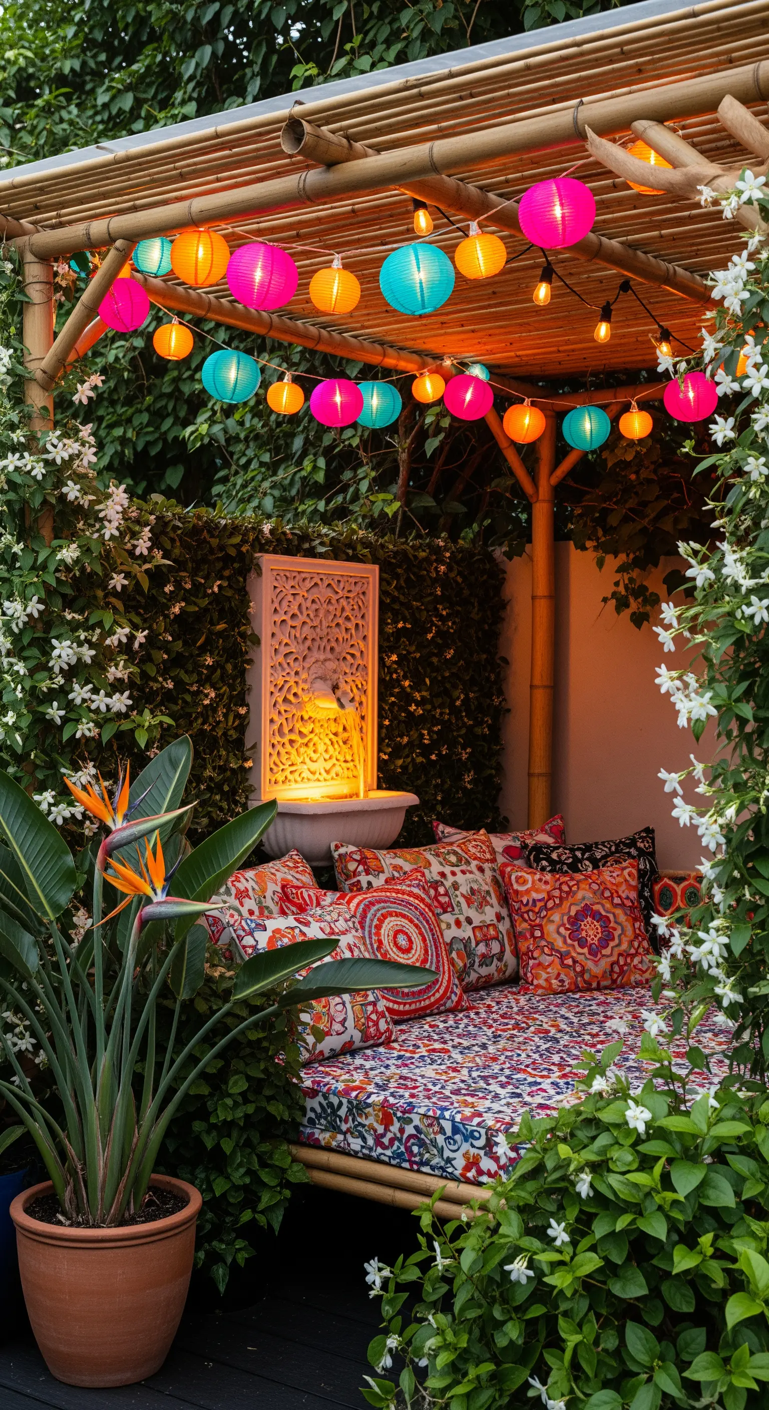 Pergolato in bambù con lanterne colorate, cuscini con pattern etnici e una piccola fontana.