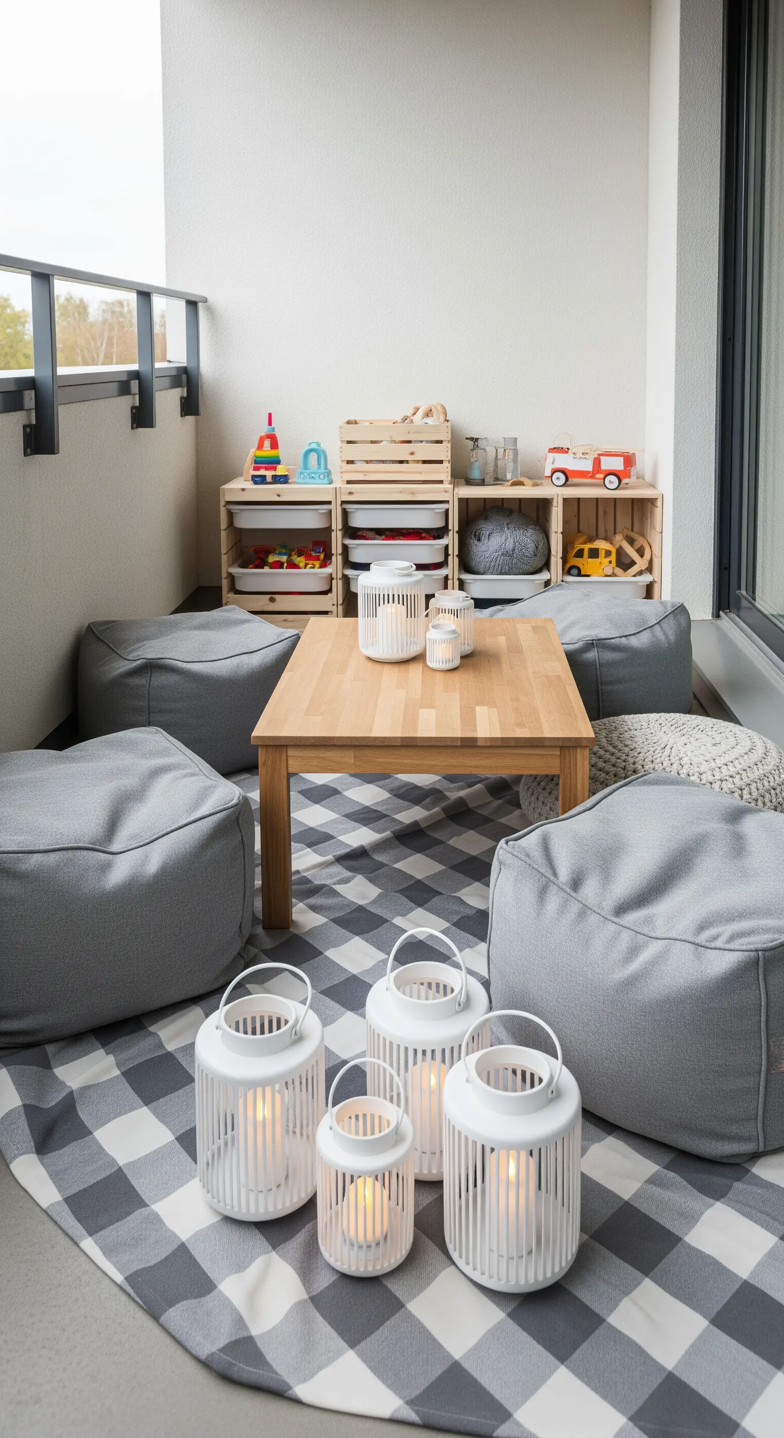 Area gioco su un balcone con pouf grigi, tavolino basso e contenitori in legno.
