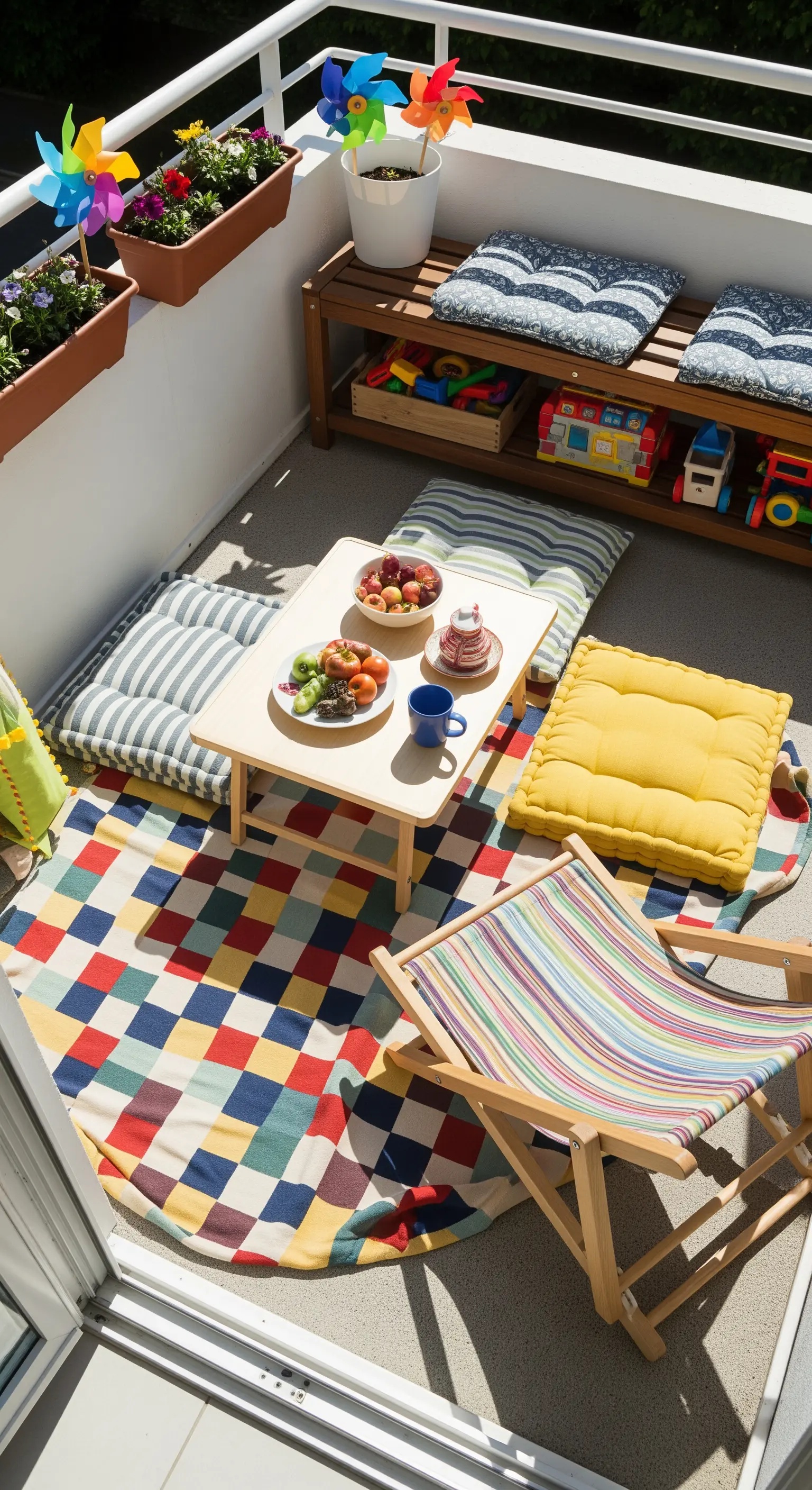 Balcone allestito per bambini con cuscini a terra, tappeto colorato e tavolino basso.
