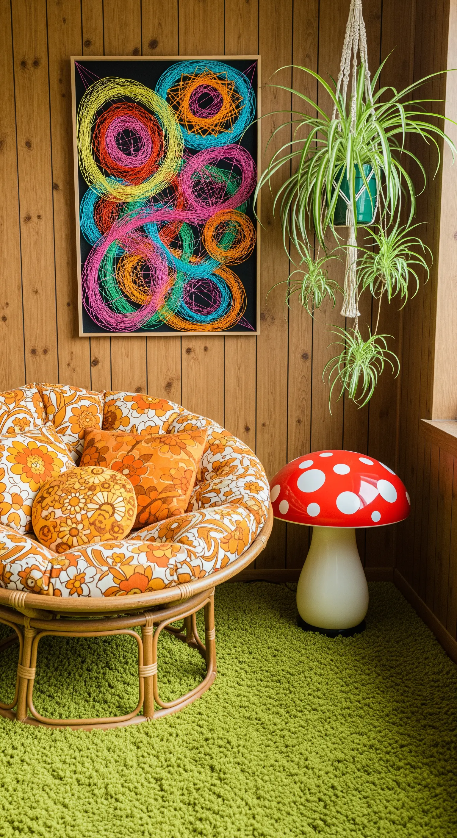 Poltrona Papasan con cuscino a fiori arancioni in un angolo con boiserie e lampada a fungo.