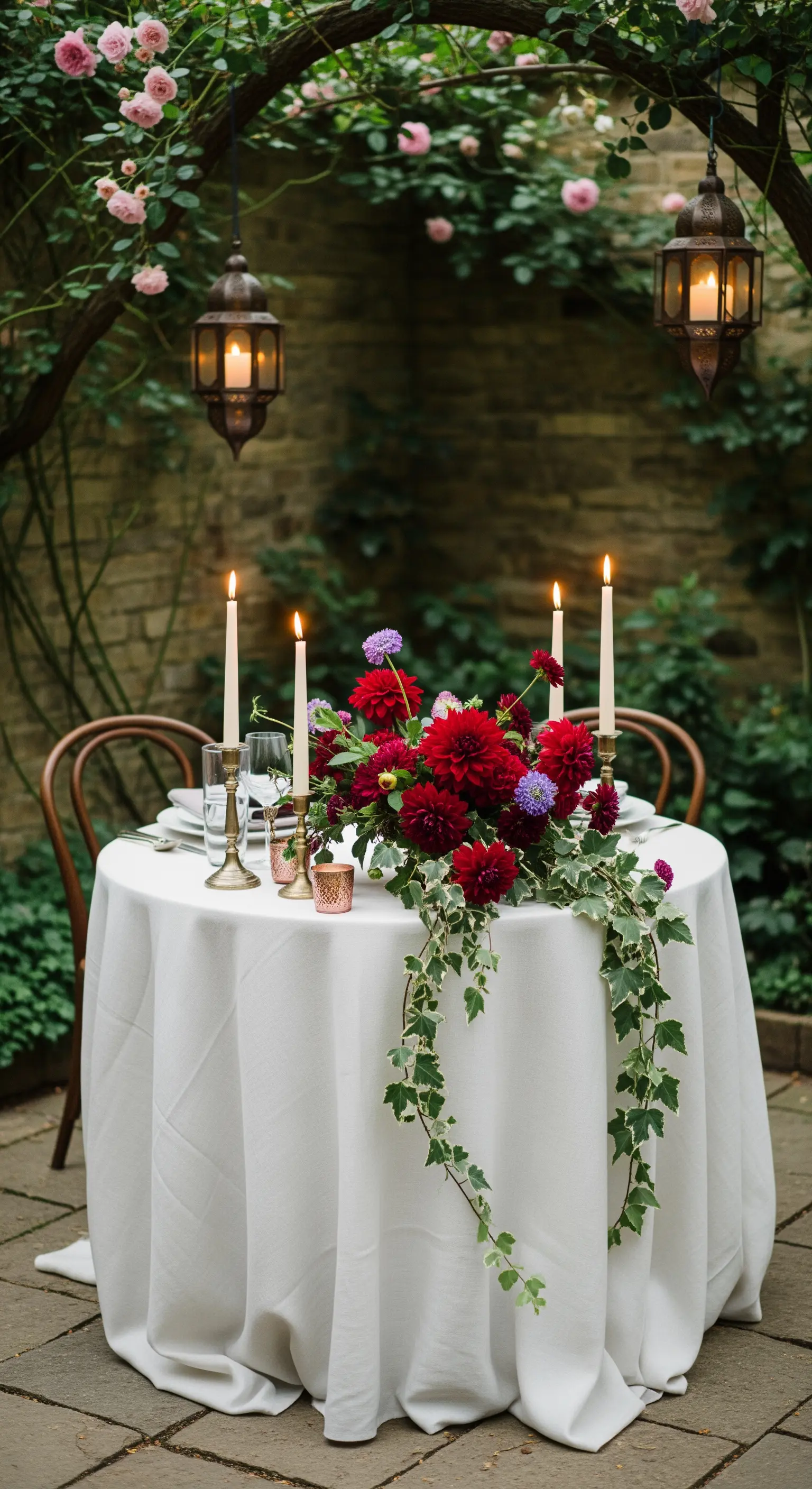 Tavolo per due in un giardino con fiori rossi, edera cadente e lanterne marocchine appese.