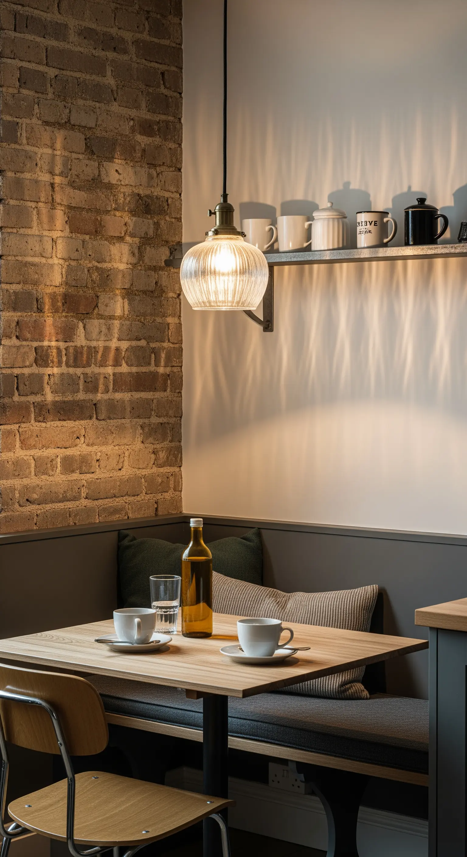 Angolo colazione con panca, parete di mattoni e lampada in vetro.
