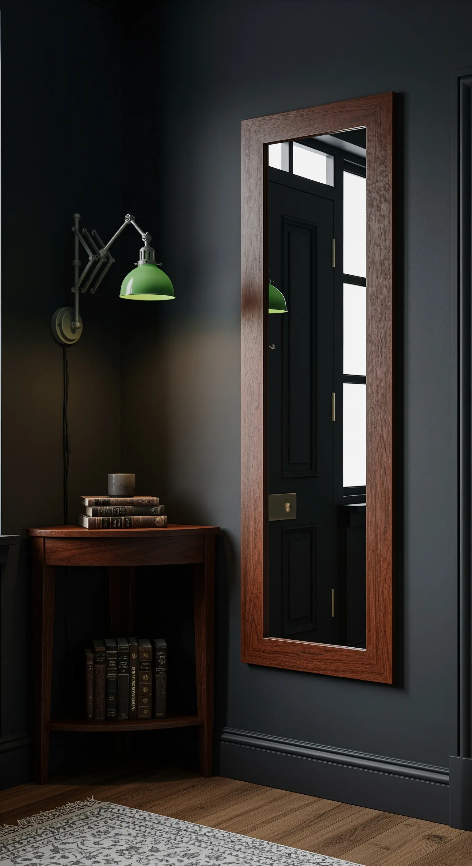 Angolo d'ingresso con pareti scure, specchio in legno e lampada da parete orientabile.