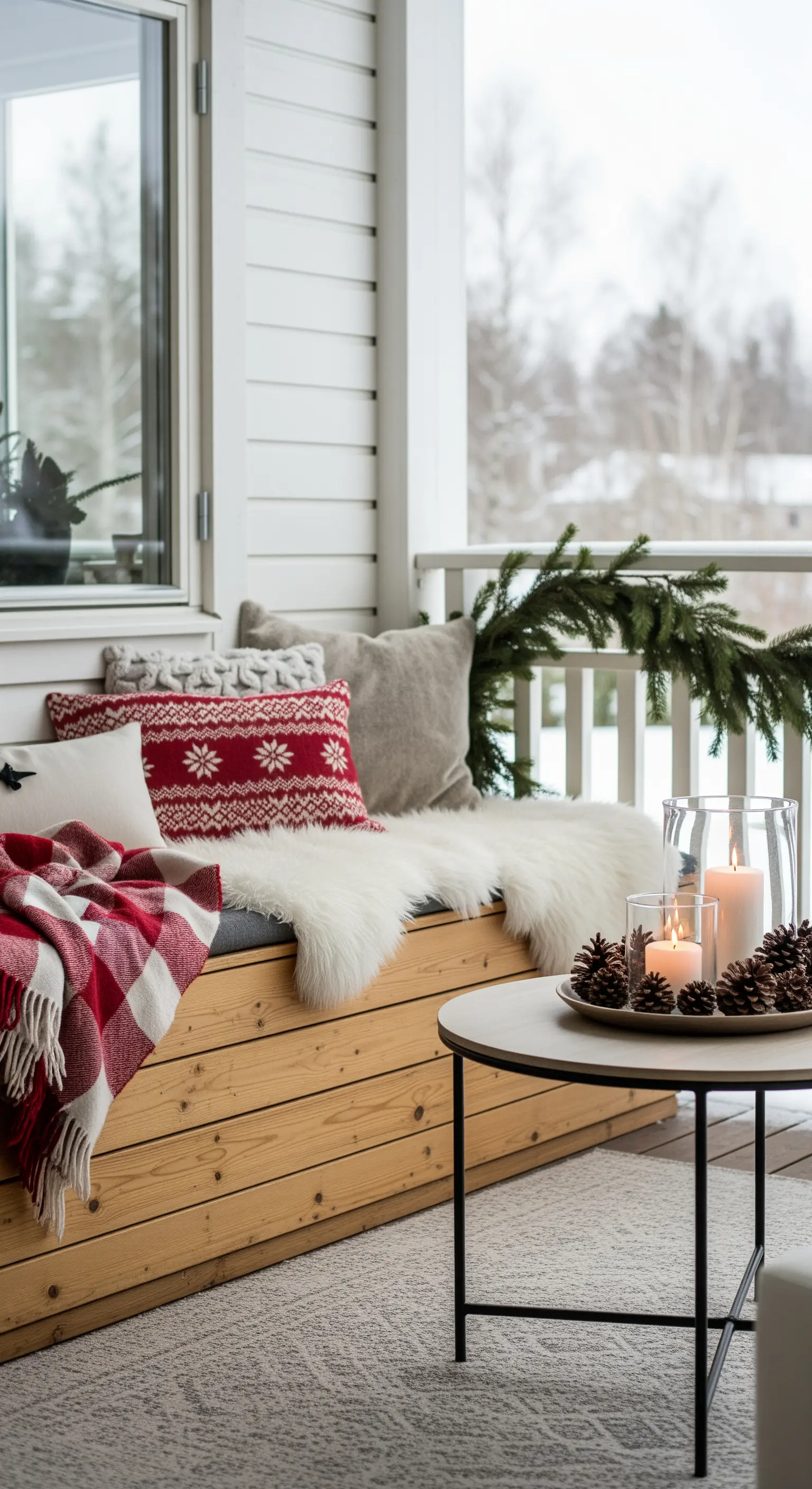 Angolo veranda invernale con panca in legno, cuscini rossi, pelliccia bianca e candele accese