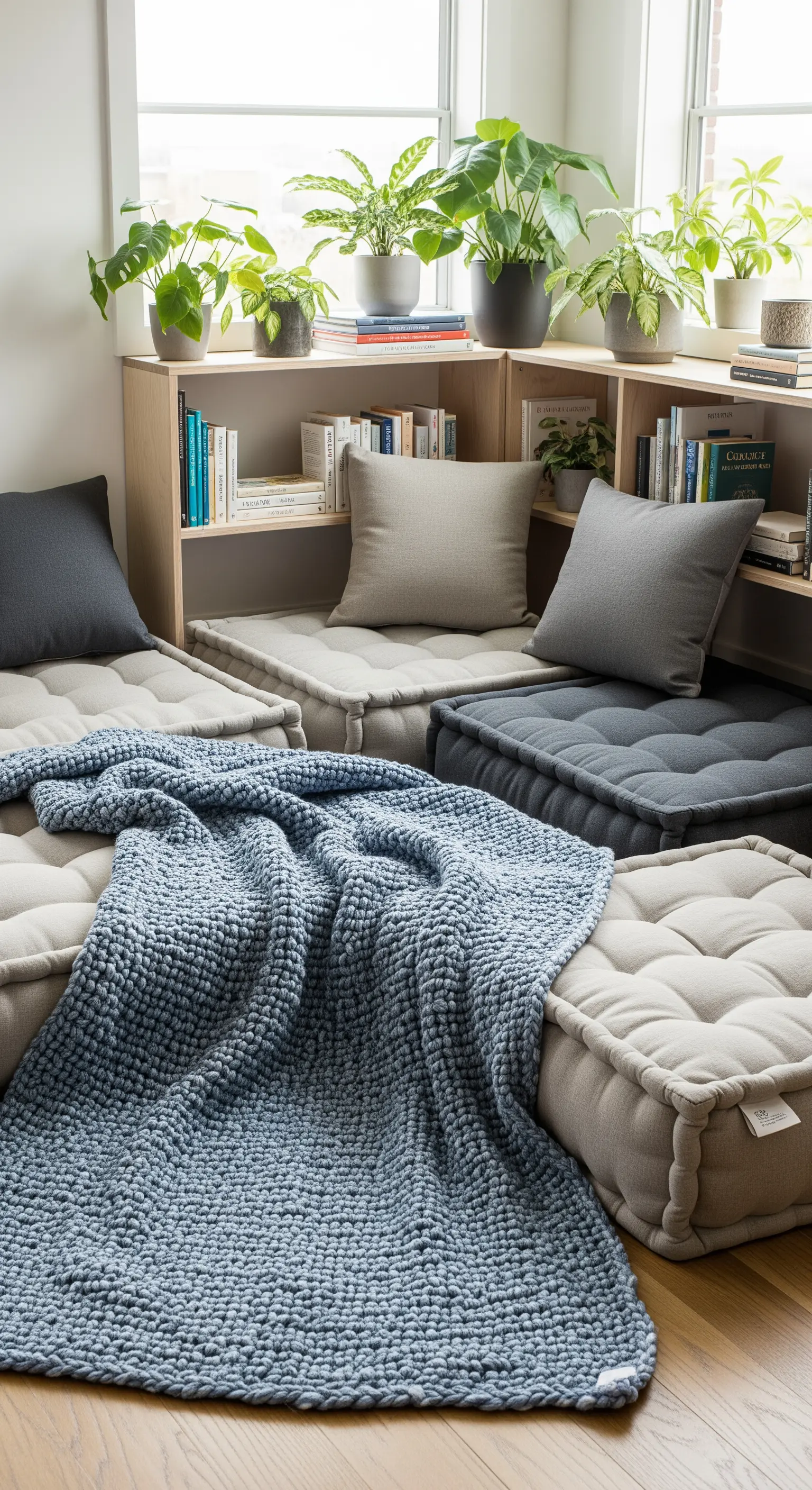 Cuscini da pavimento grigi e beige disposti ad angolo, con una coperta blu e librerie basse piene di libri e piante.