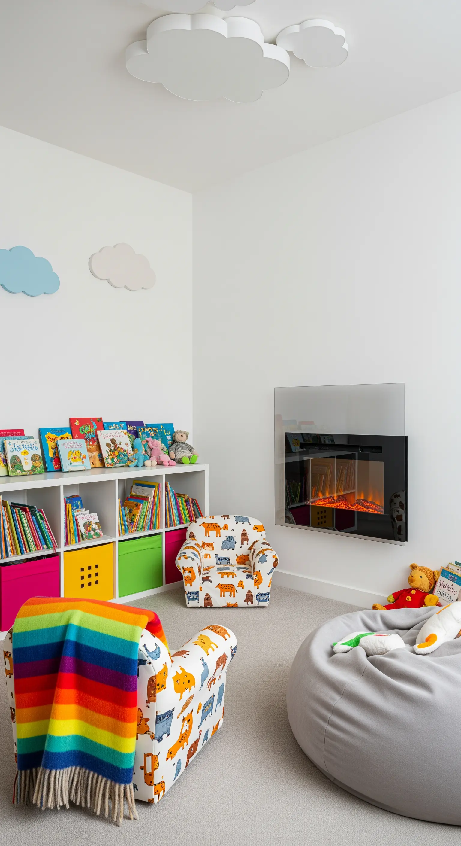 Angolo lettura per bambini con libreria bassa, poltroncine colorate e pouf.