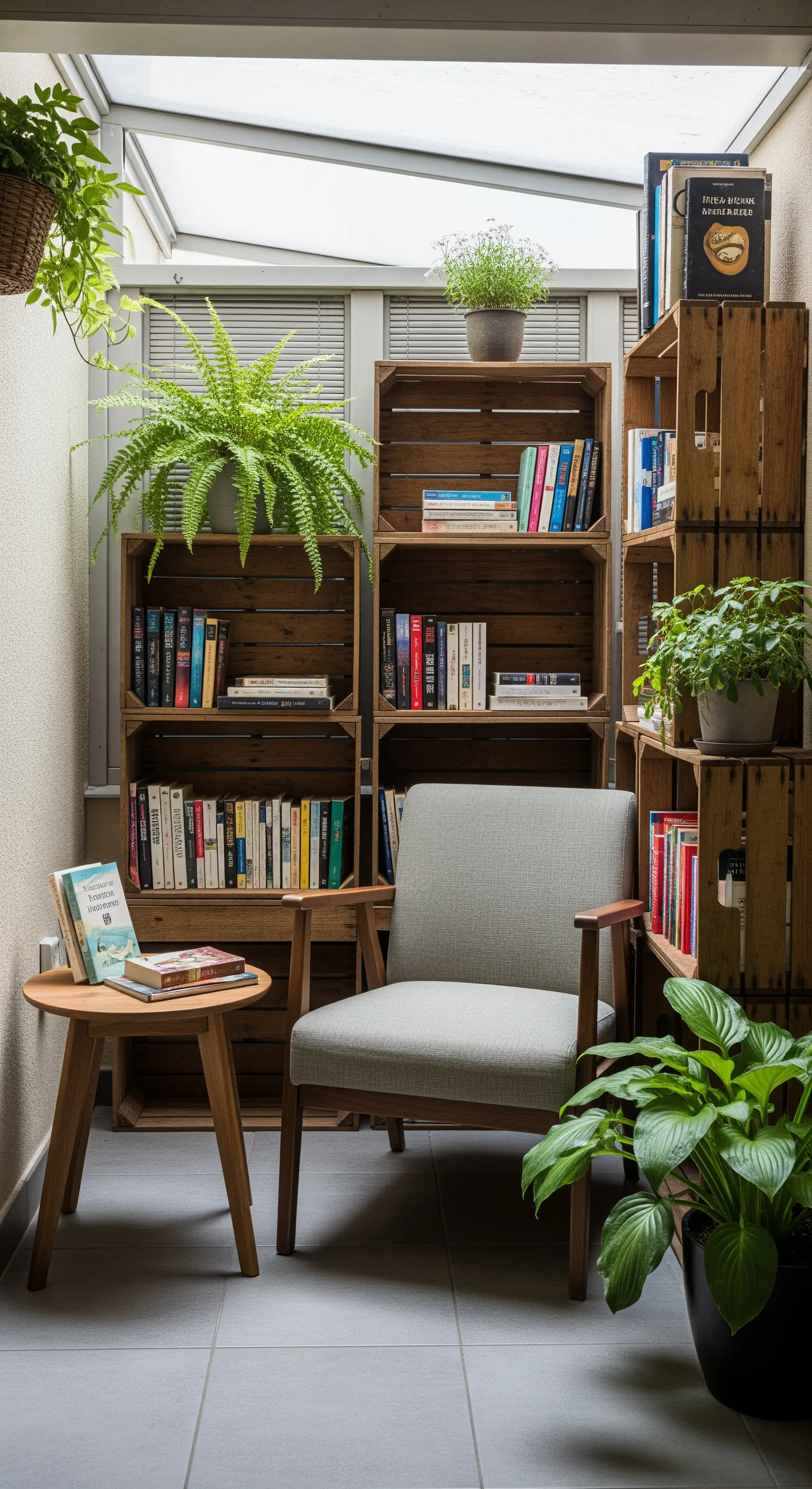 Angolo lettura in una veranda con una libreria fatta di cassette di legno impilate