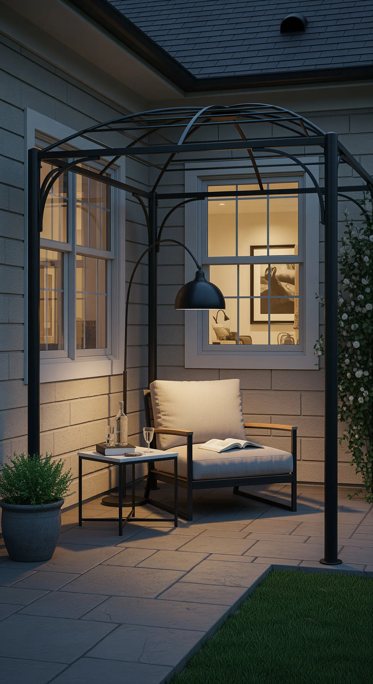 Piccolo patio con pergola, poltrona comoda e una lampada da terra ad arco per la lettura.