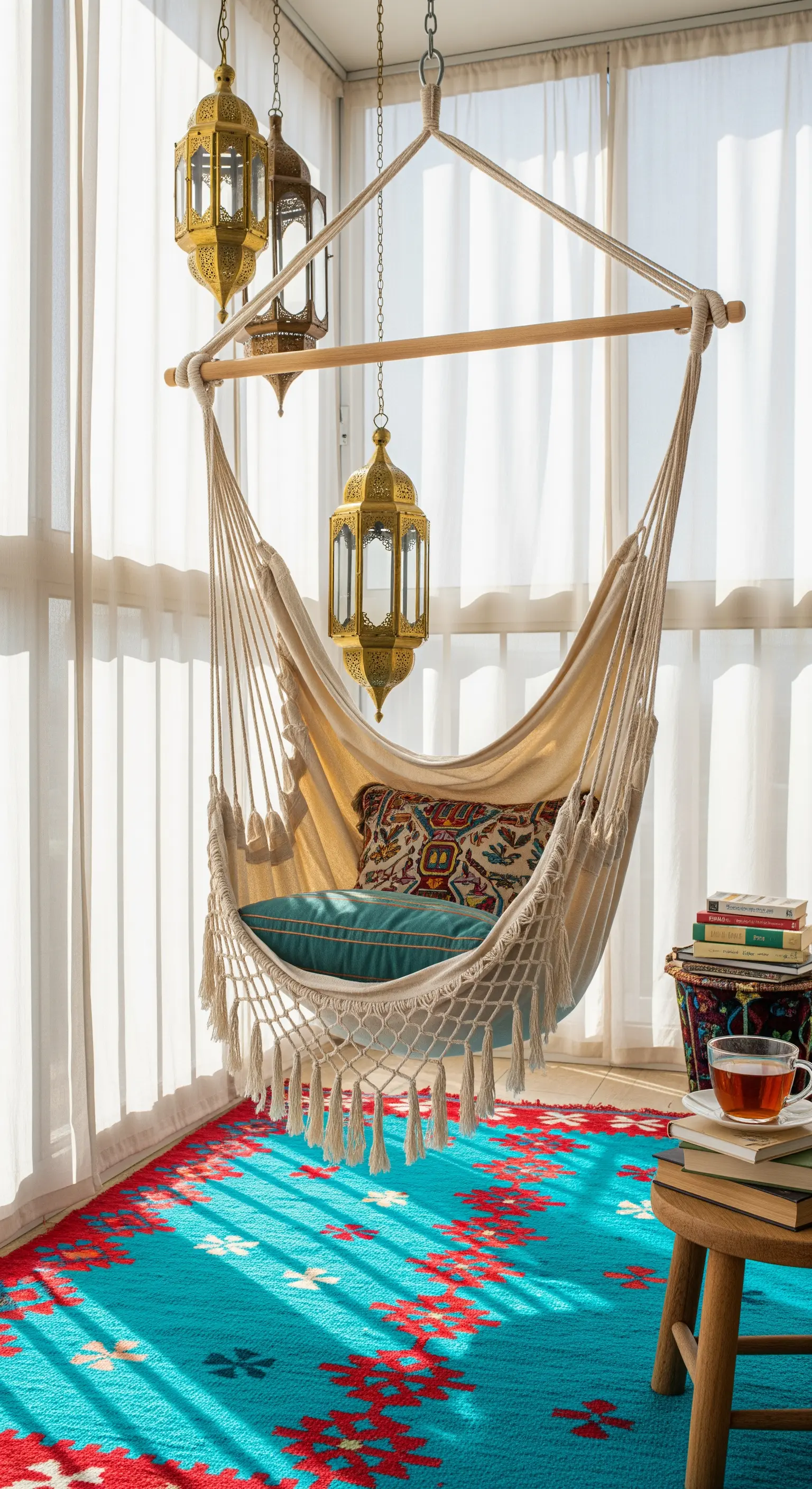 Amaca sospesa vicino a una finestra, su un tappeto kilim turchese e rosso, con lanterne dorate.