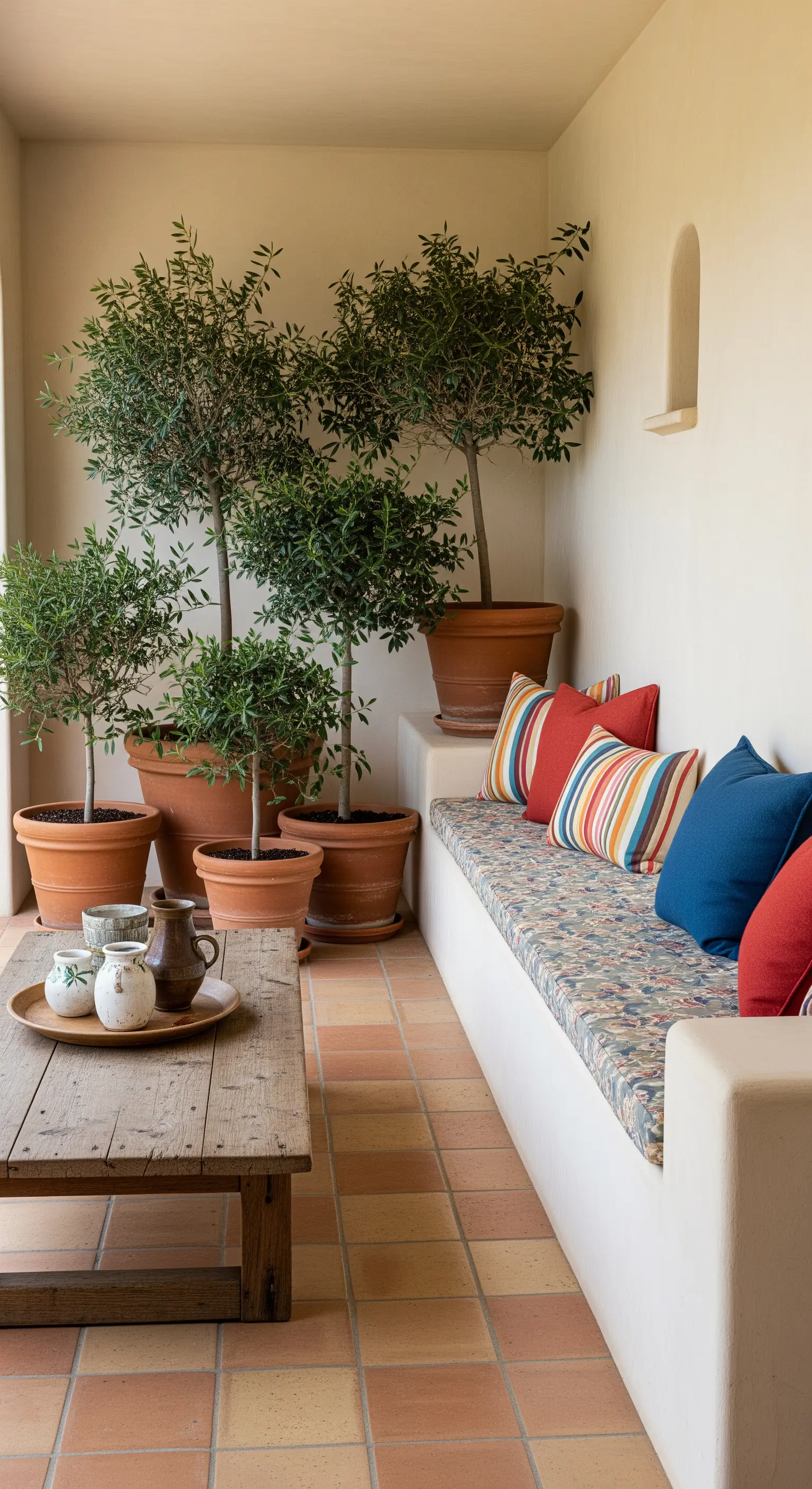 Angolo di un portico con panca in muratura, cuscini colorati e un gruppo di ulivi.