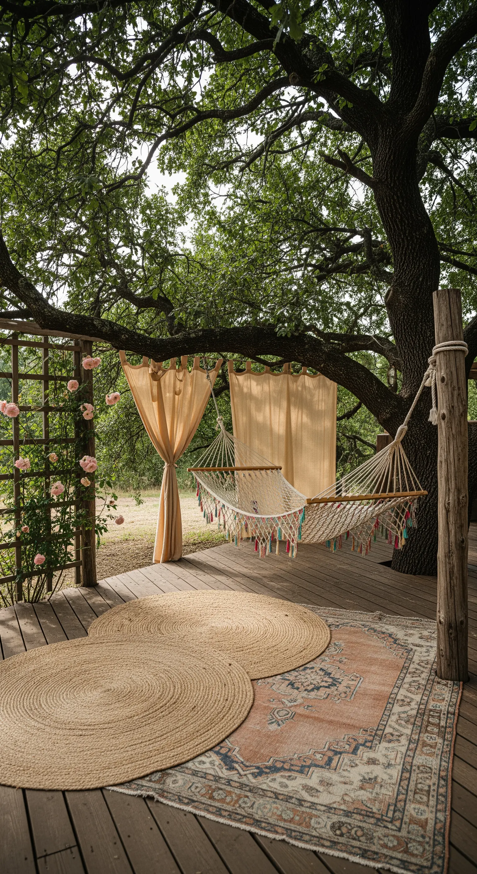 Amaca in un angolo relax con tappeti di iuta e tende color crema sotto un albero.