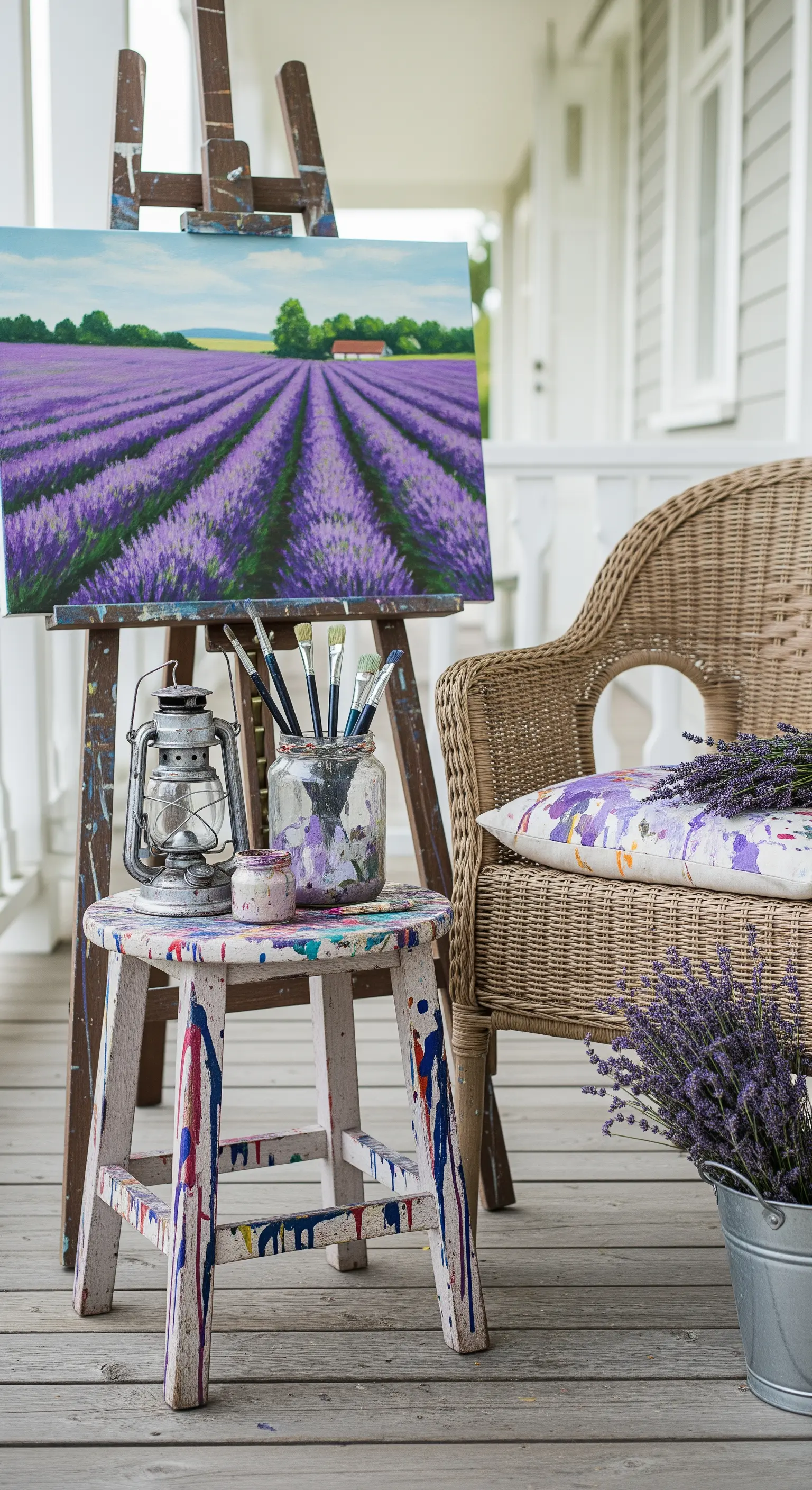 Cavalletto con un dipinto di un campo di lavanda, accanto a una sedia in vimini e attrezzi da pittore.
