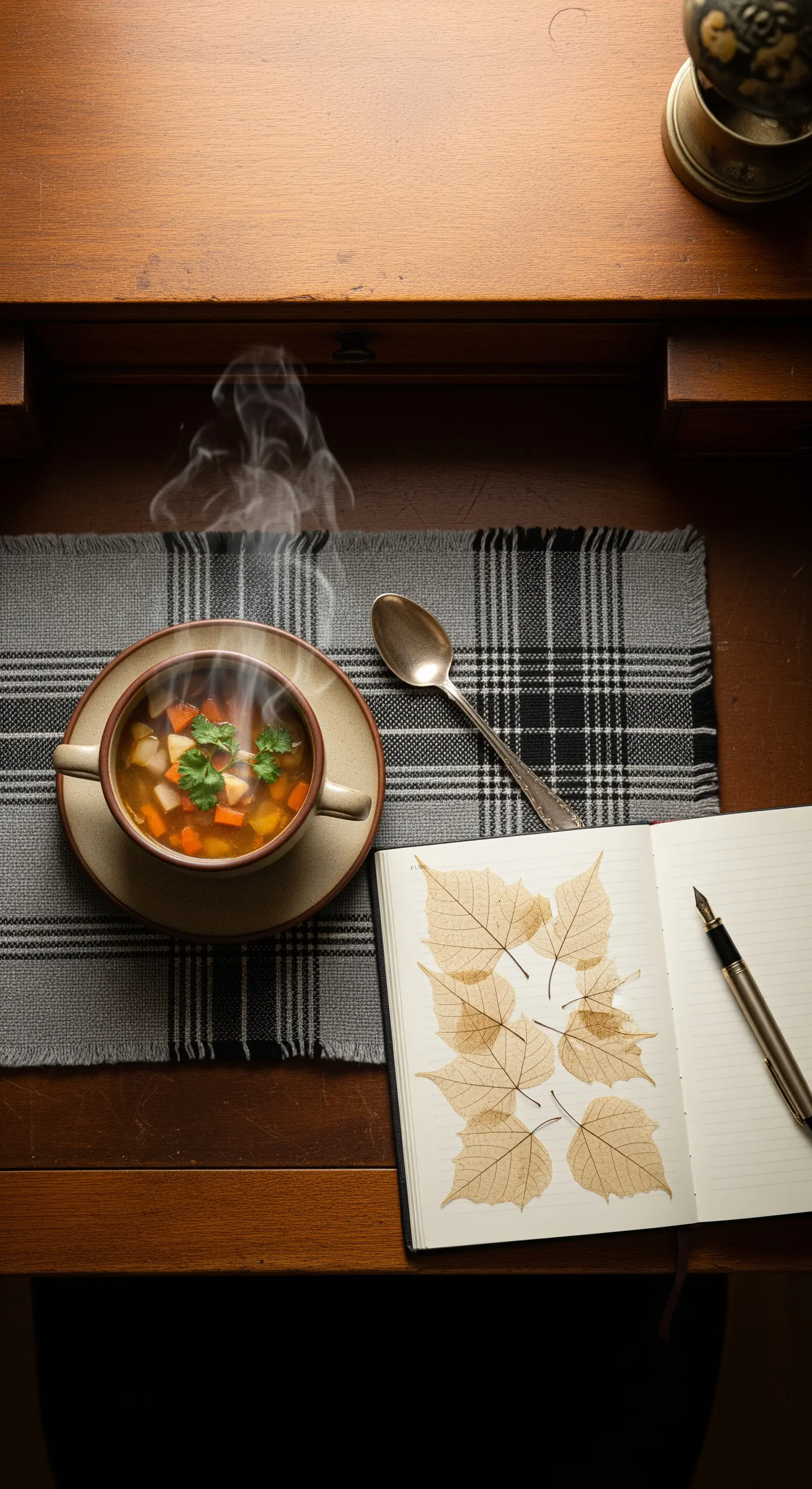 Angolo intimo con una ciotola di zuppa su una tovaglietta tartan e un quaderno con foglie pressate.