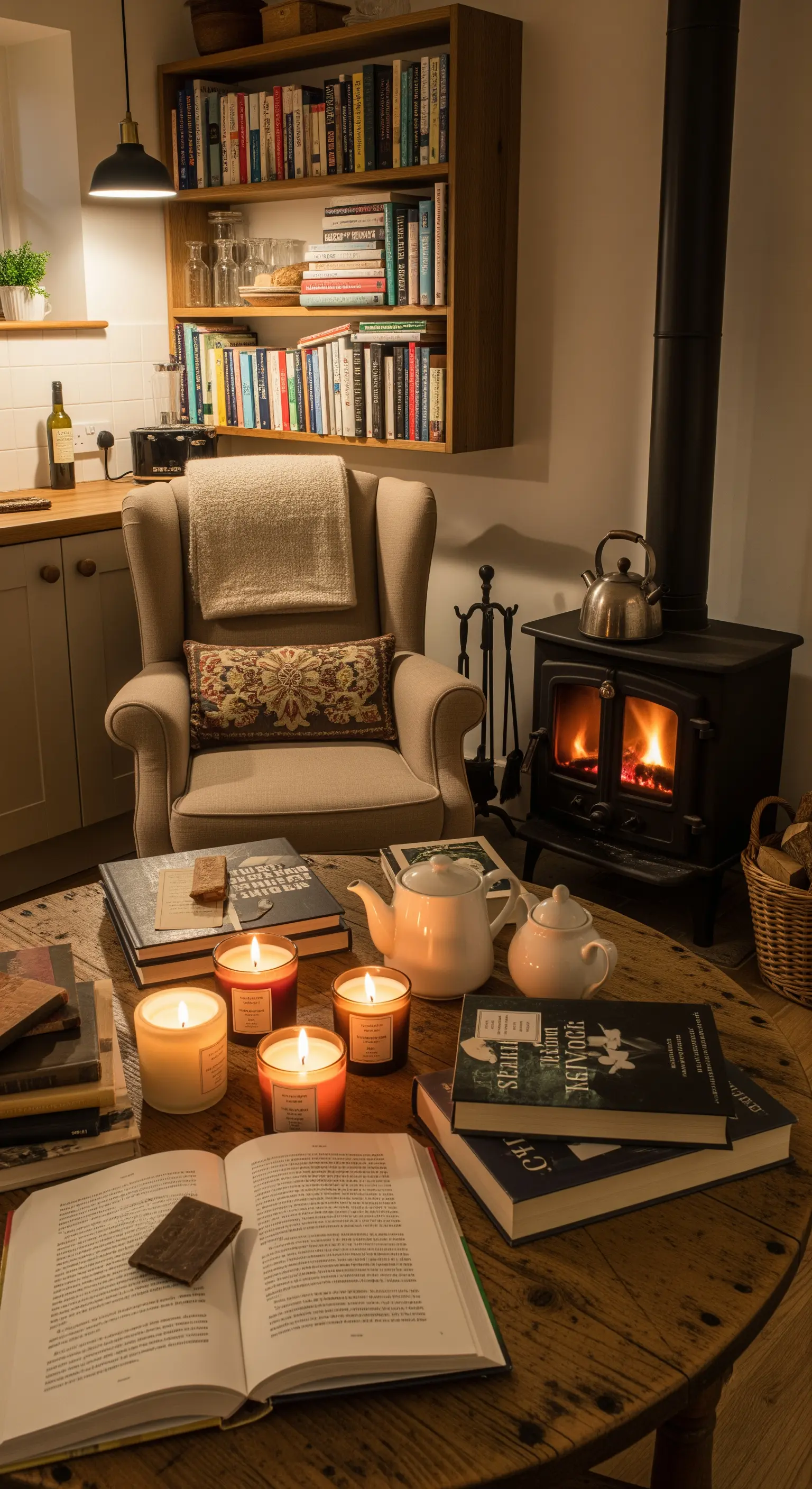 Angolo lettura in cucina con una poltrona accanto a una stufa a legna e una libreria.