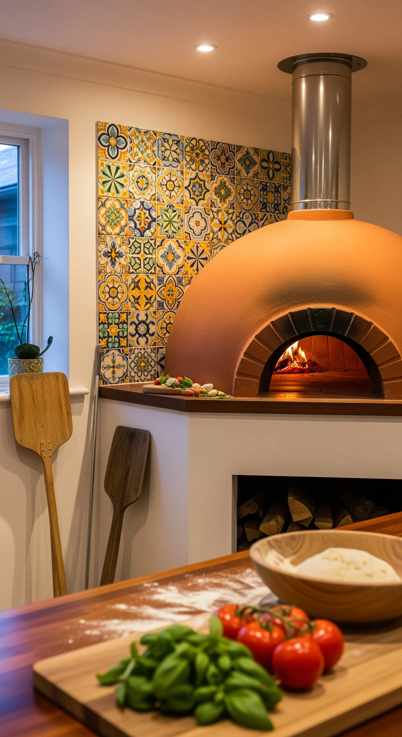 Forno per pizza in terracotta con una parete di fondo rivestita di maioliche patchwork colorate.