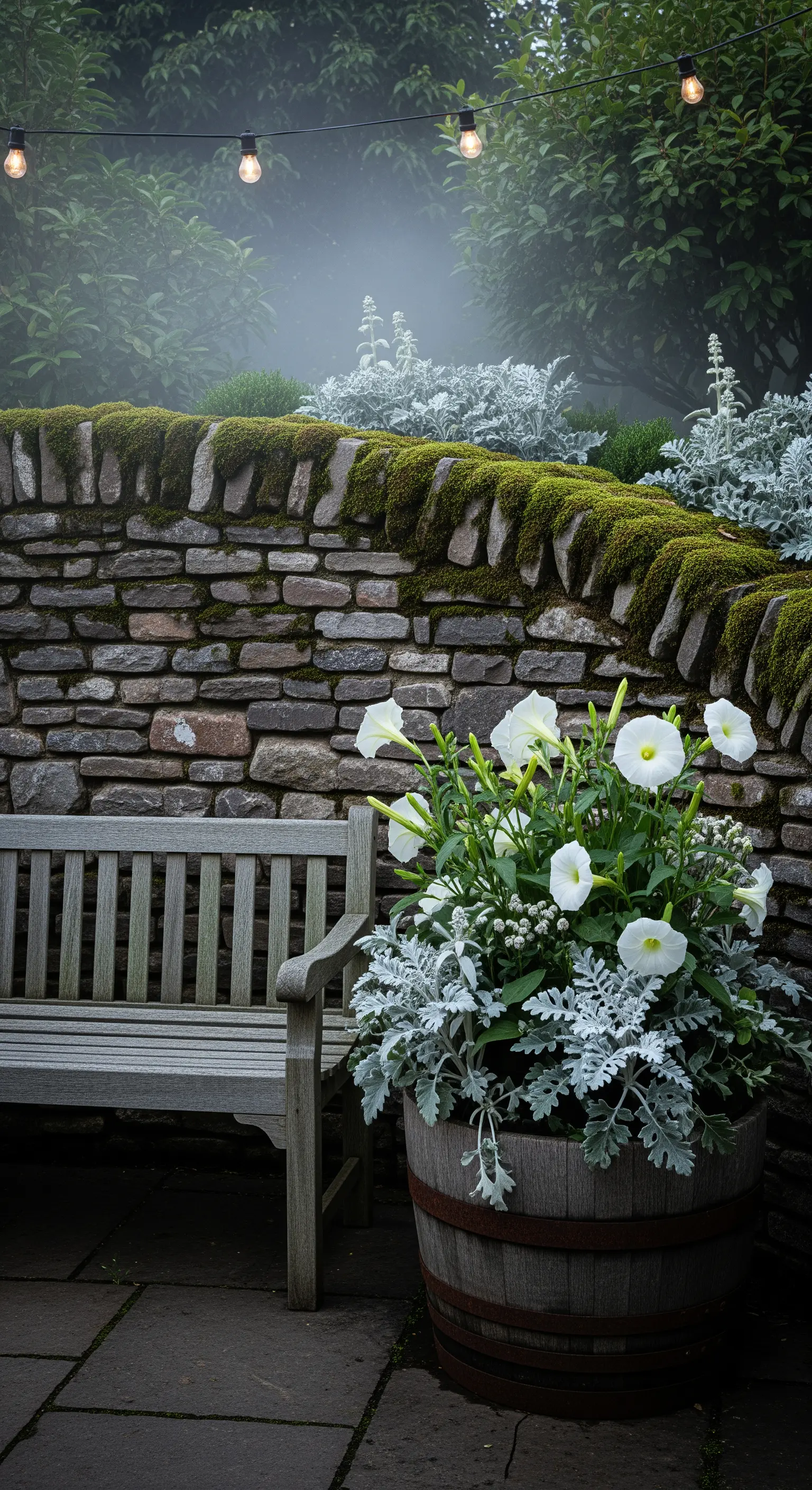 Angolo patio con panca in legno, muro di pietra e una fioriera a botte sotto luci a stringa