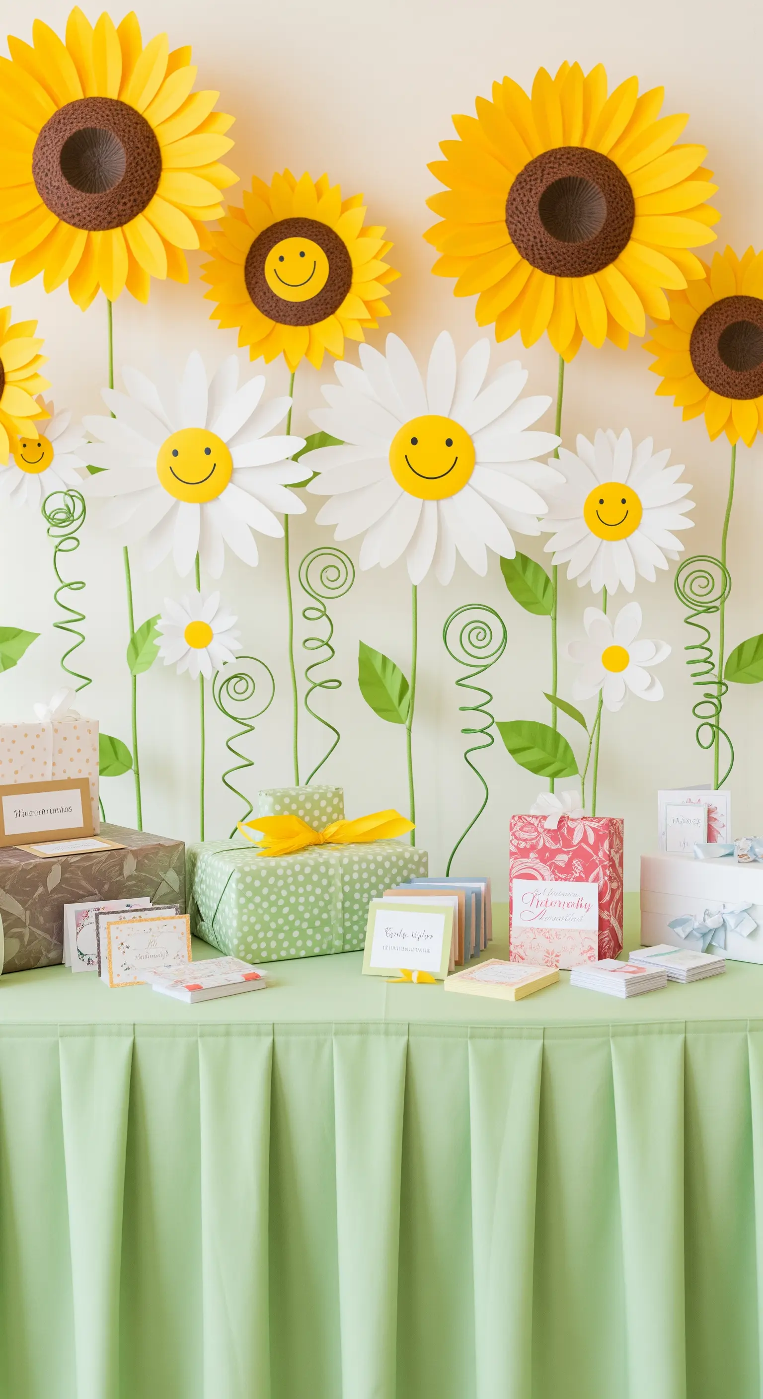 Tavolo dei regali con un backdrop di girasoli e margherite di carta sorridenti.