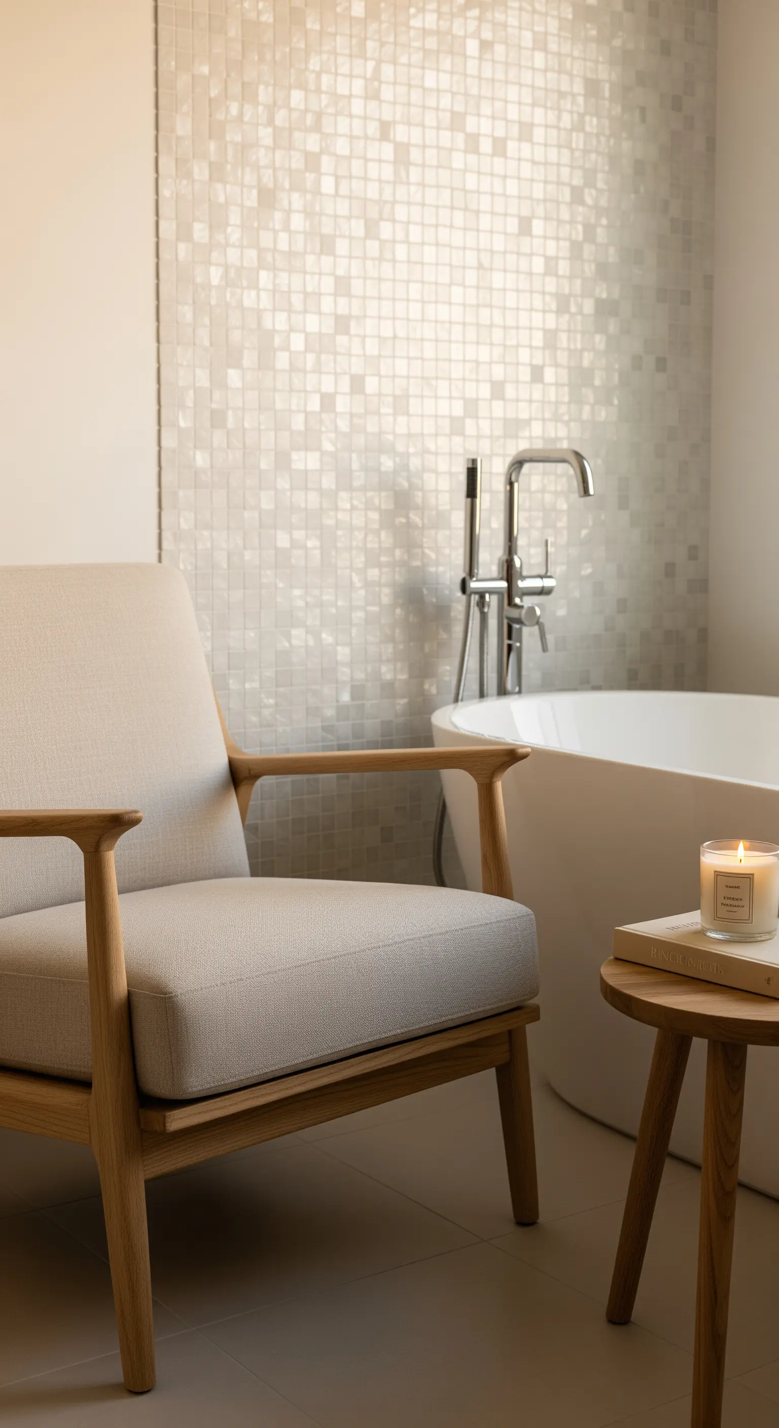 Vasca da bagno con accanto una poltroncina in legno e un tavolino con candela.