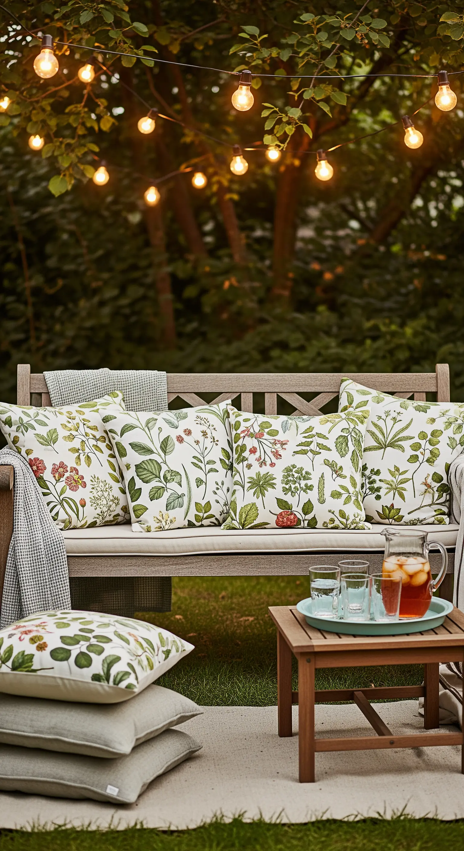 Panca in legno in giardino con cuscini botanici e filo di luci a bulbo appeso sopra