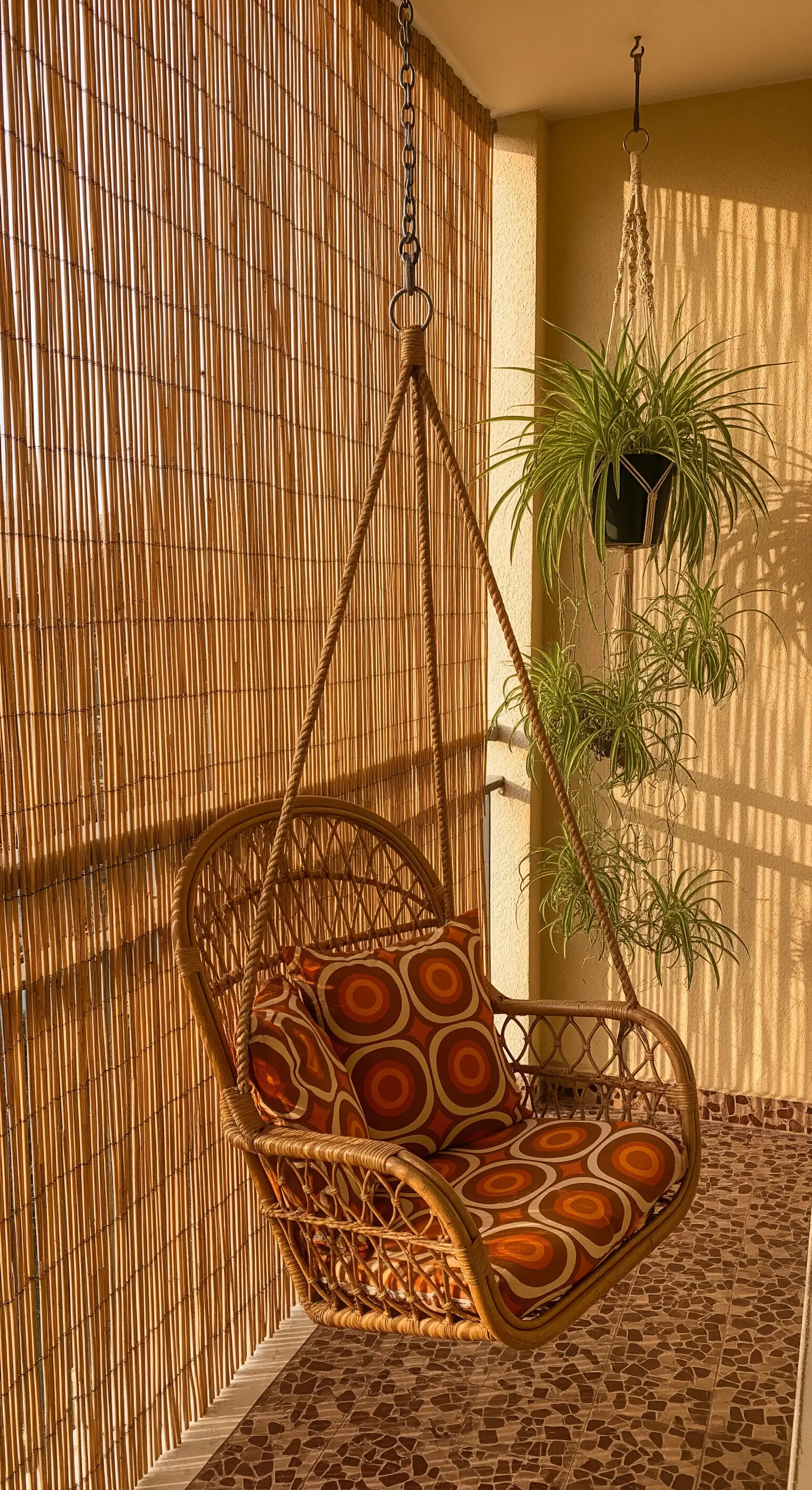 Poltrona sospesa in rattan con cuscini a motivo geometrico anni '70.