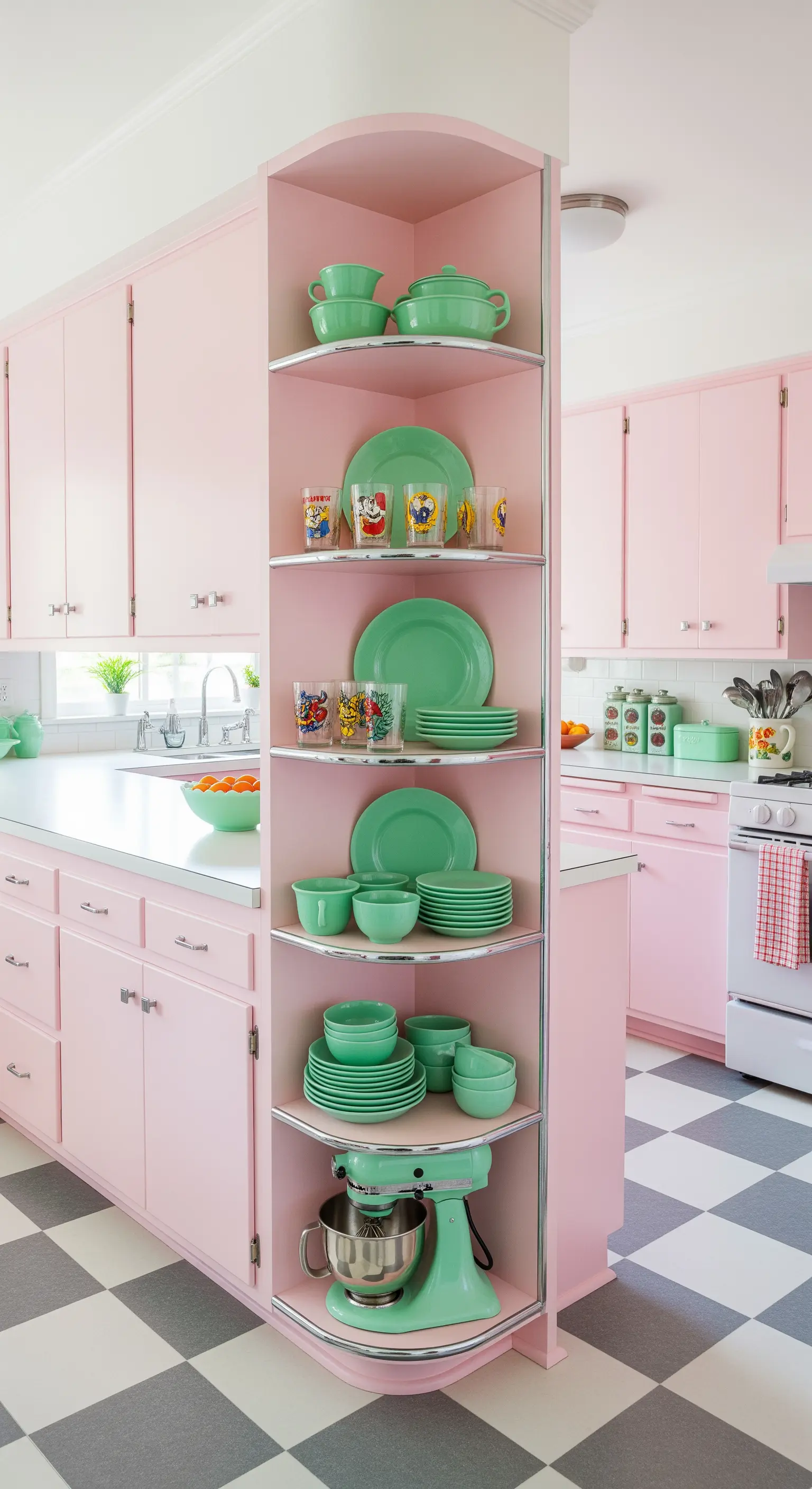 Libreria angolare arrotondata rosa con stoviglie vintage verde menta.