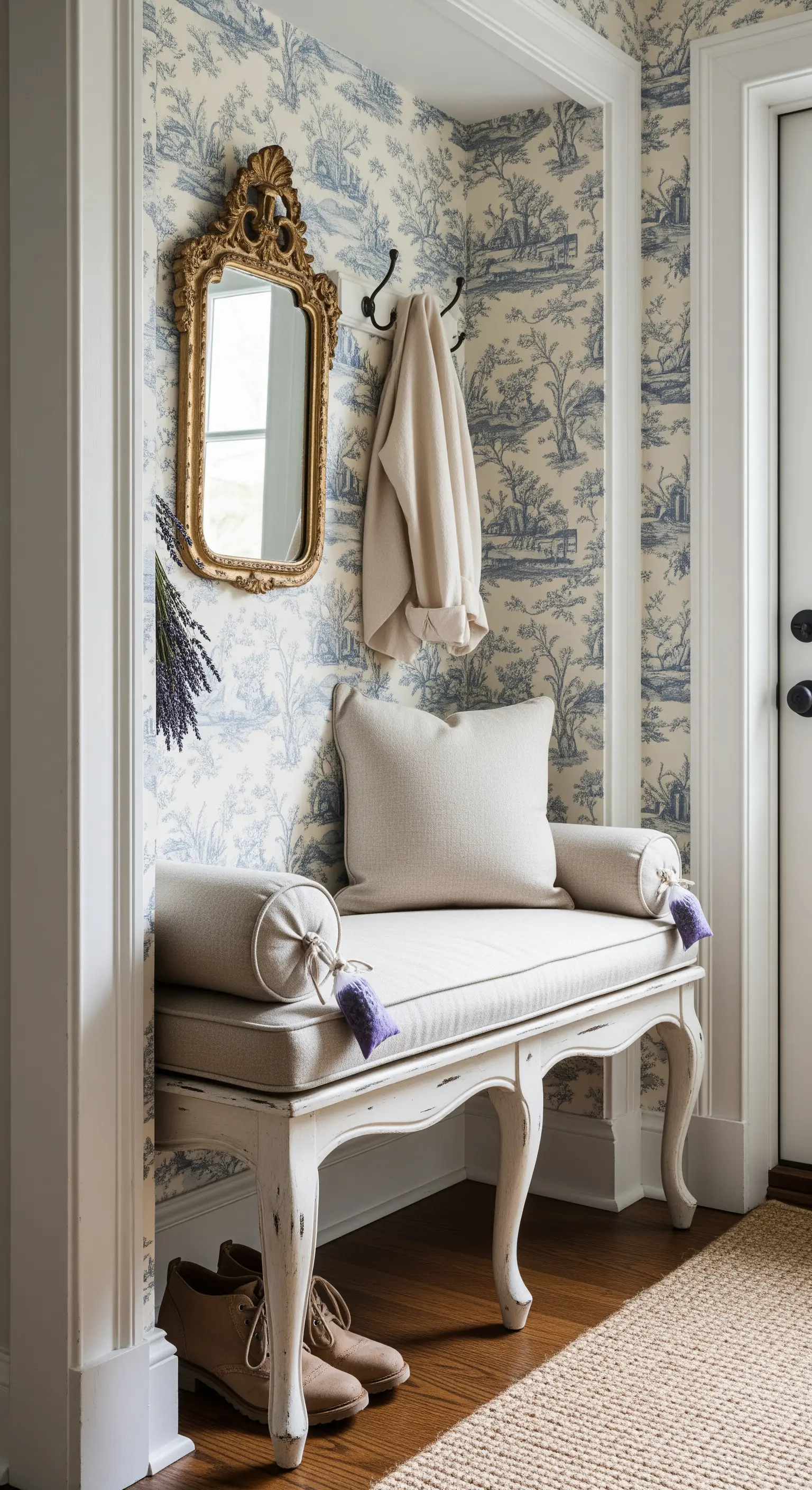 Panchetta bianca anticata in una nicchia con carta da parati Toile de Jouy e specchio dorato.
