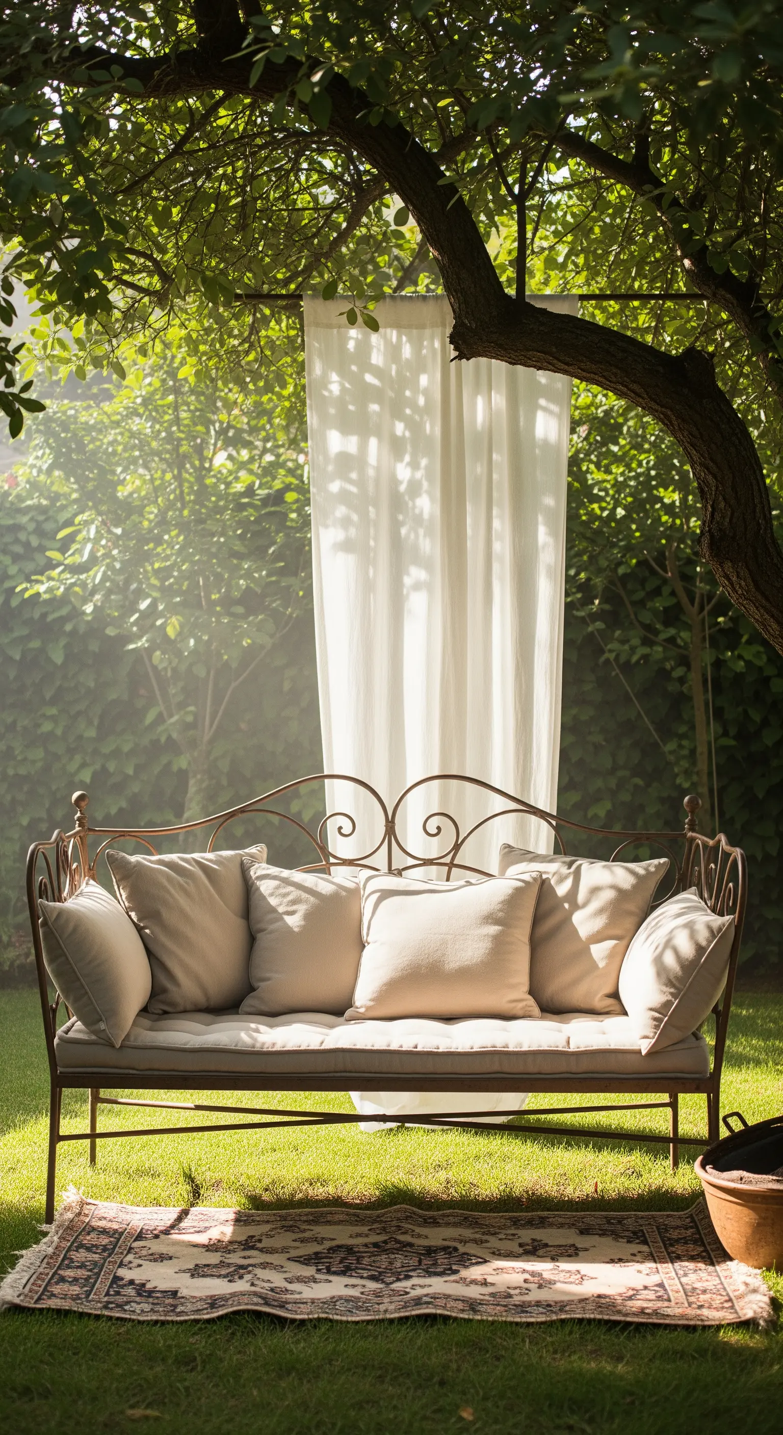 Panca in ferro battuto in giardino con cuscini neutri e tenda bianca sullo sfondo.