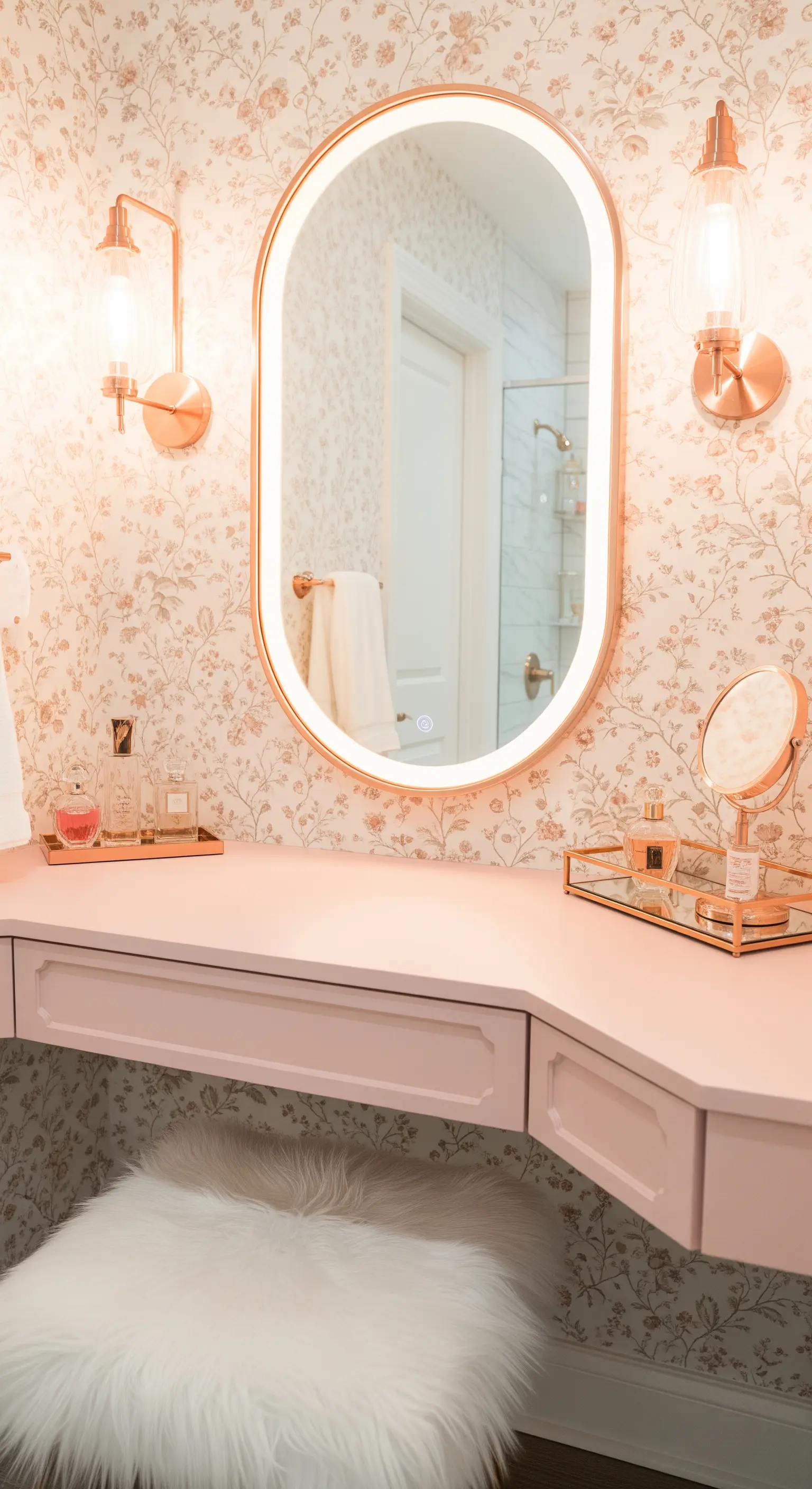 Angolo beauty rosa con carta da parati floreale e specchio ovale con finiture oro rosa.