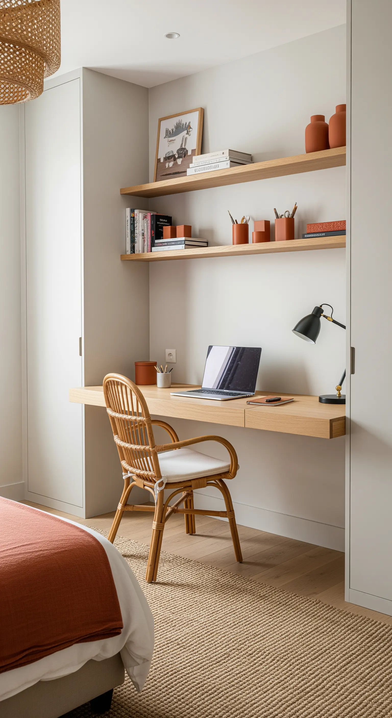 Angolo studio in una nicchia con scrivania in legno, sedia in rattan e accessori terracotta.