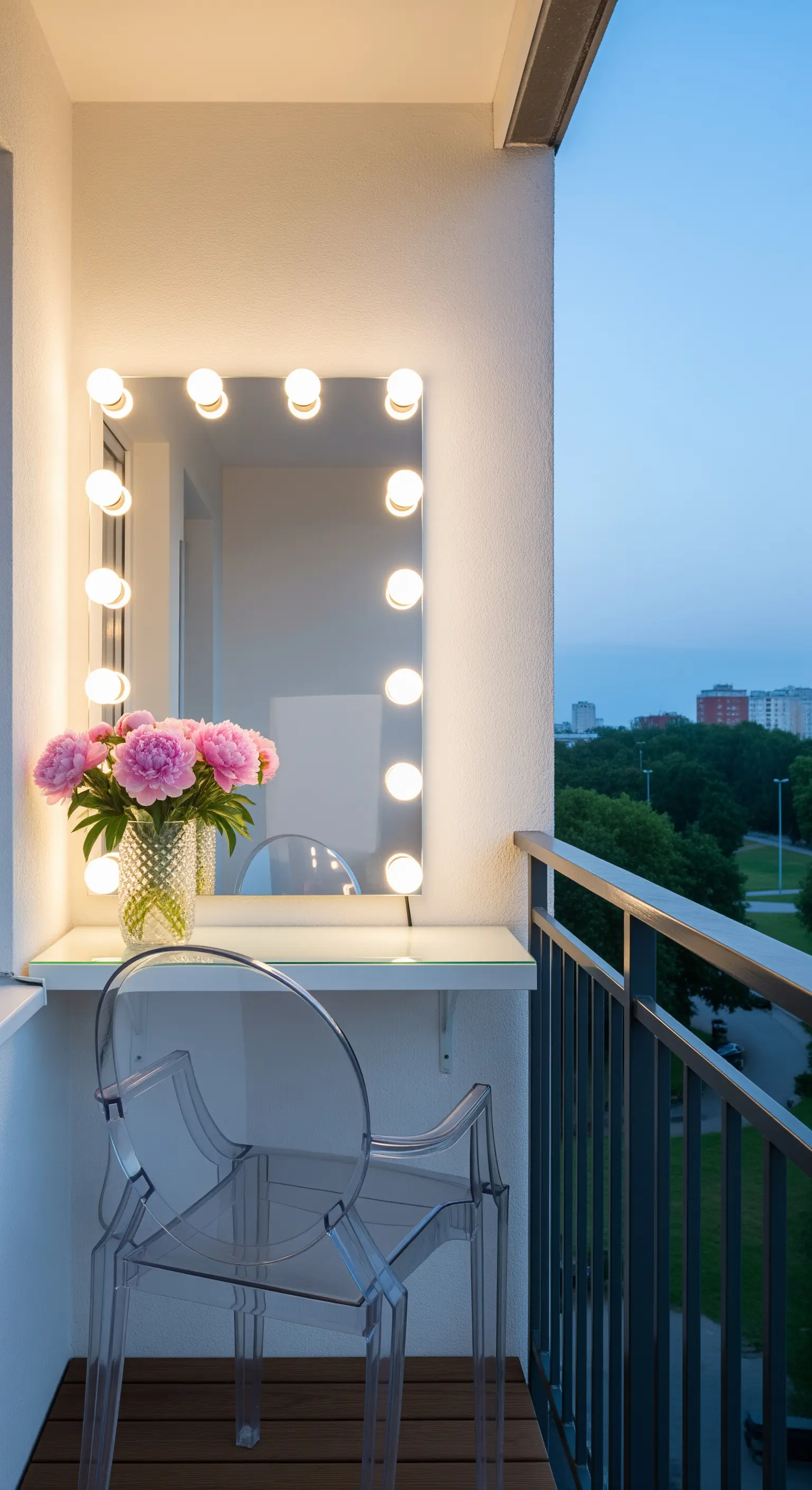 Piccolo balcone con specchio da camerino con lampadine, mensola e sedia trasparente.
