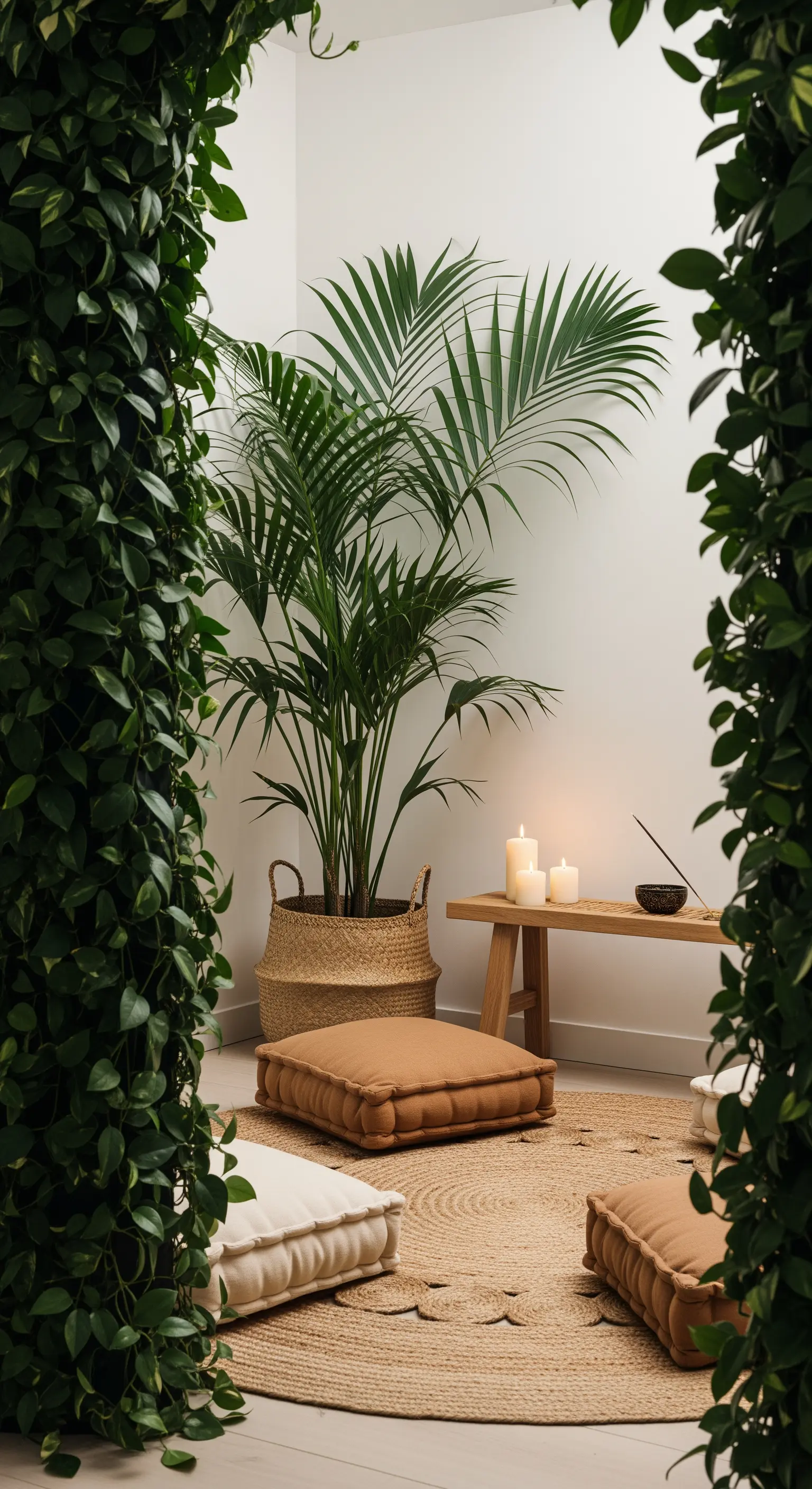 Spazio meditativo con cuscini a terra, una grande palma e candele accese.