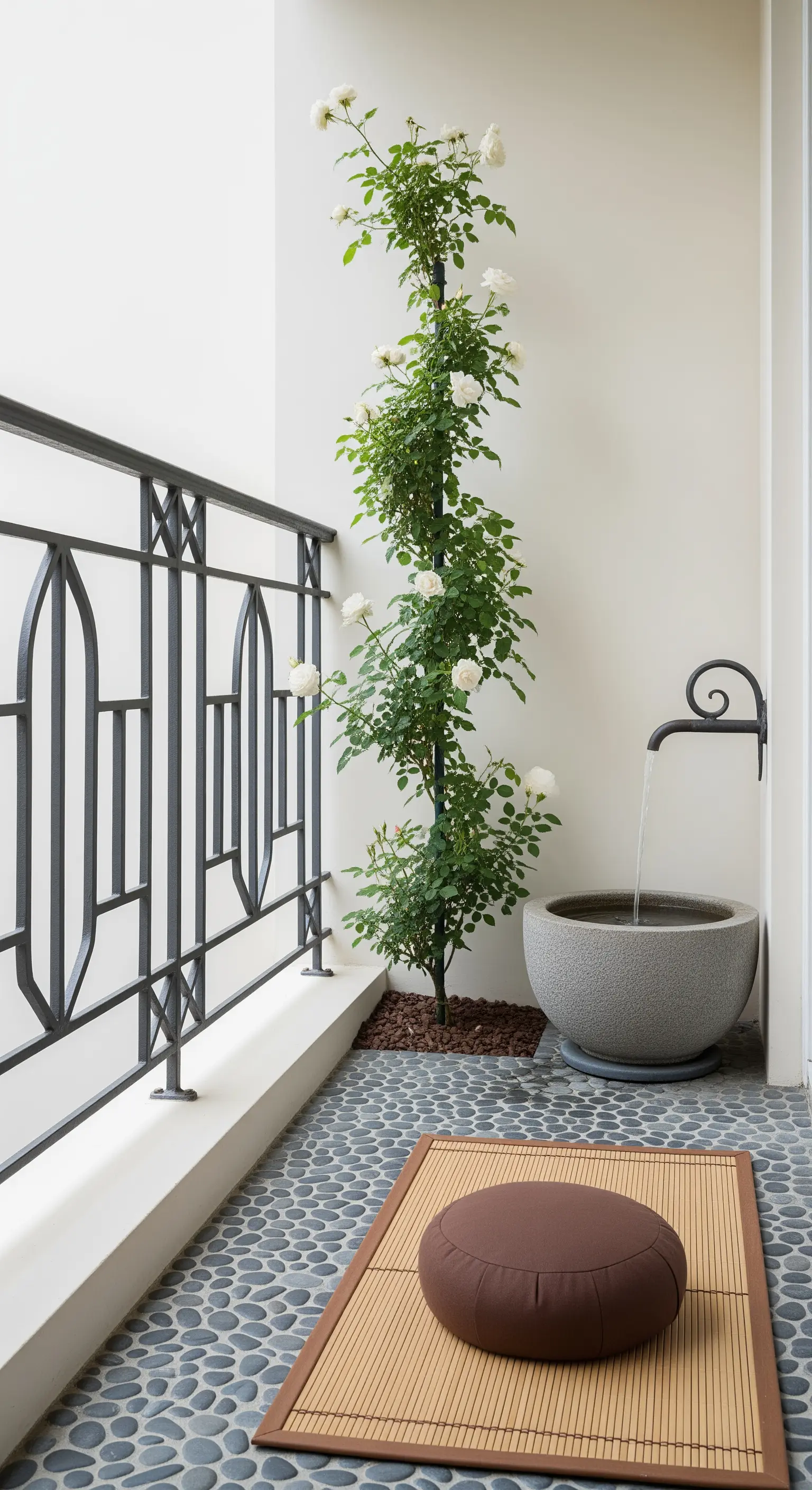 Balcone minimalista con fontana zen, ciottoli, e una pianta di rosa bianca.
