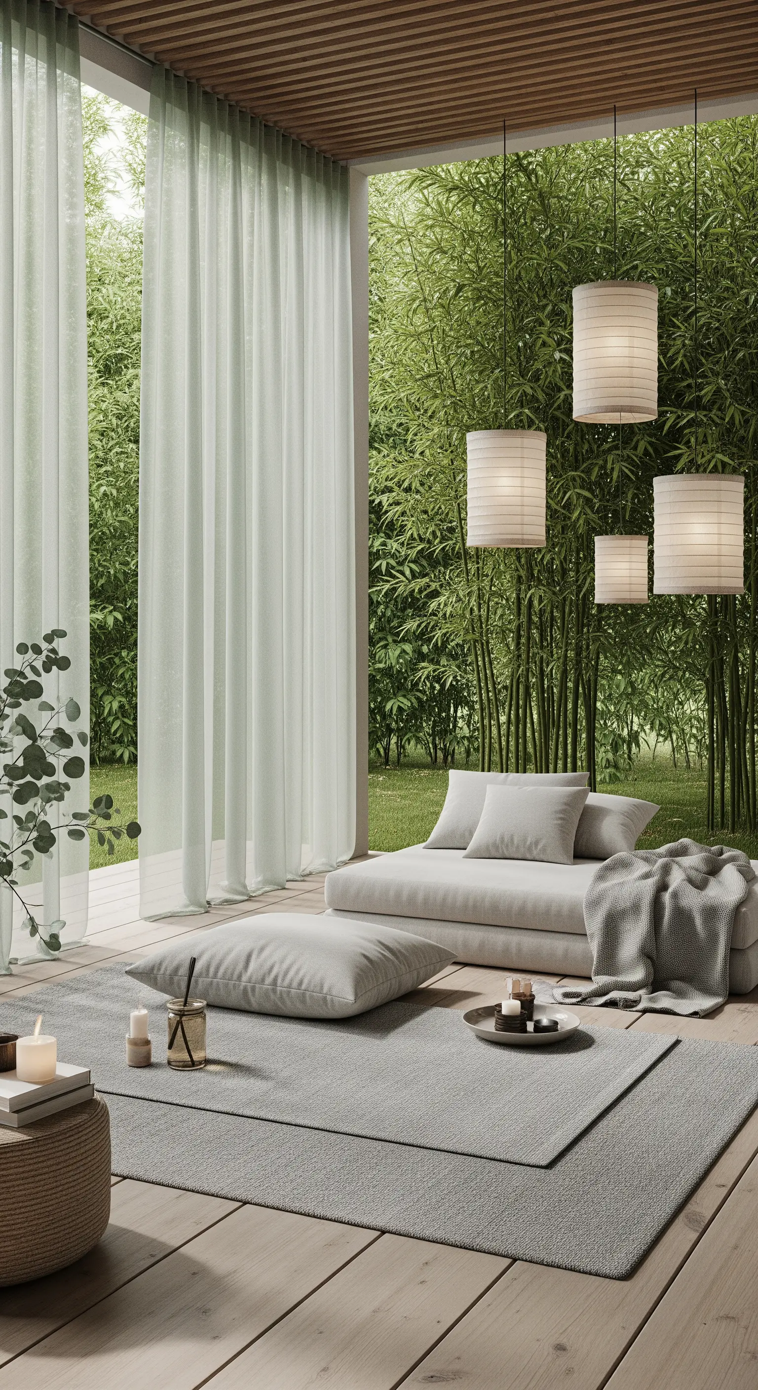 Patio zen minimalista con sedute basse, giardino di bambù e lanterne di carta di riso