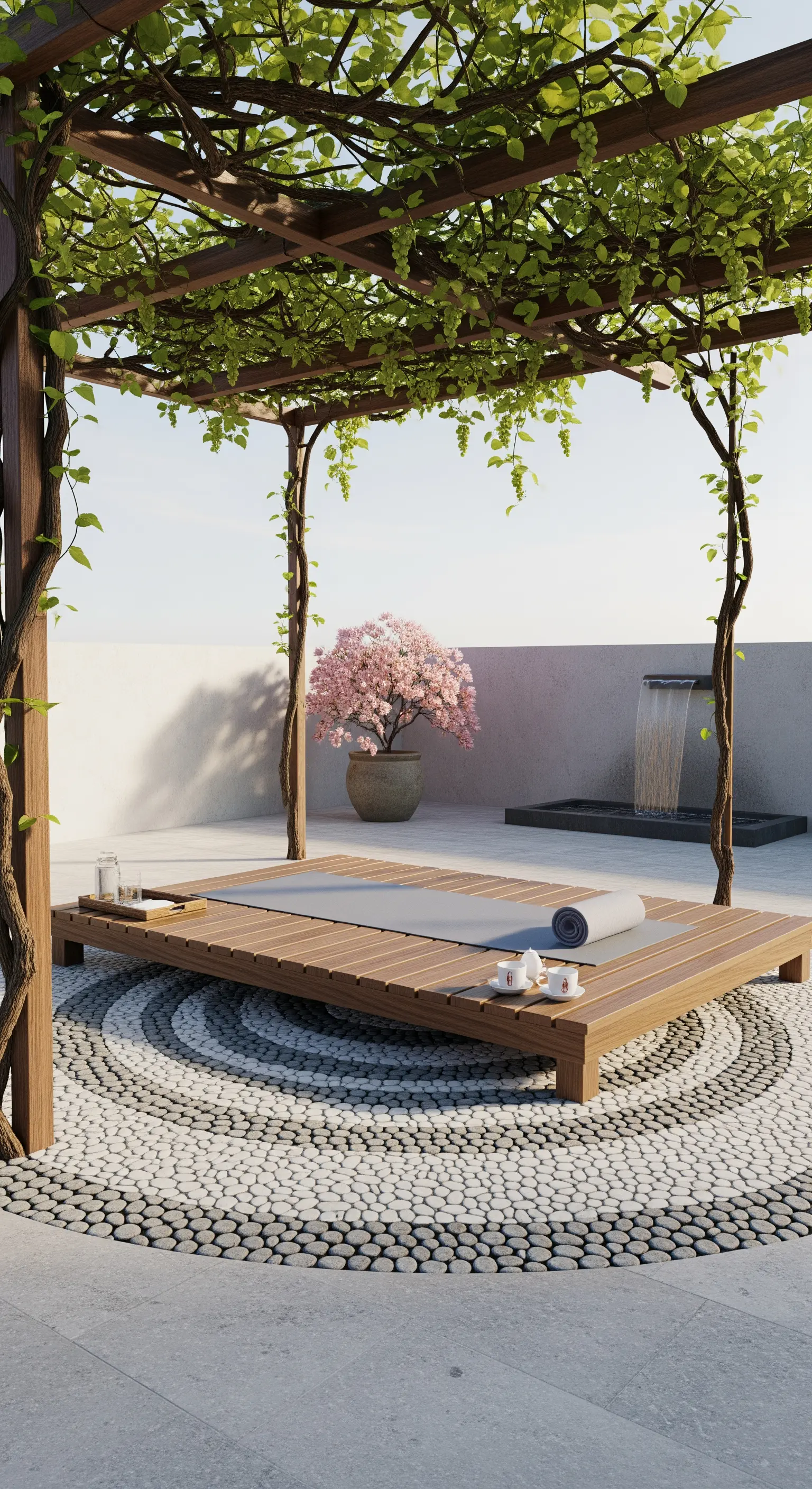 Spazio yoga all'aperto con pedana in legno, pavimento di ciottoli e pergola.