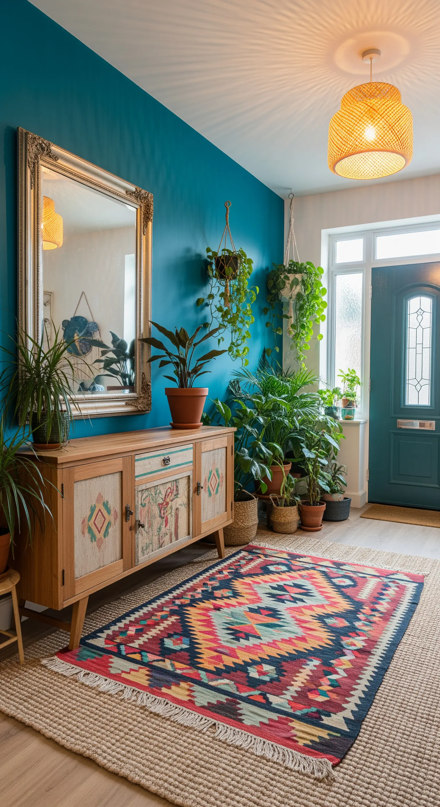 Ingresso boho con parete blu petrolio, mobile etnico, piante e tappeti sovrapposti.