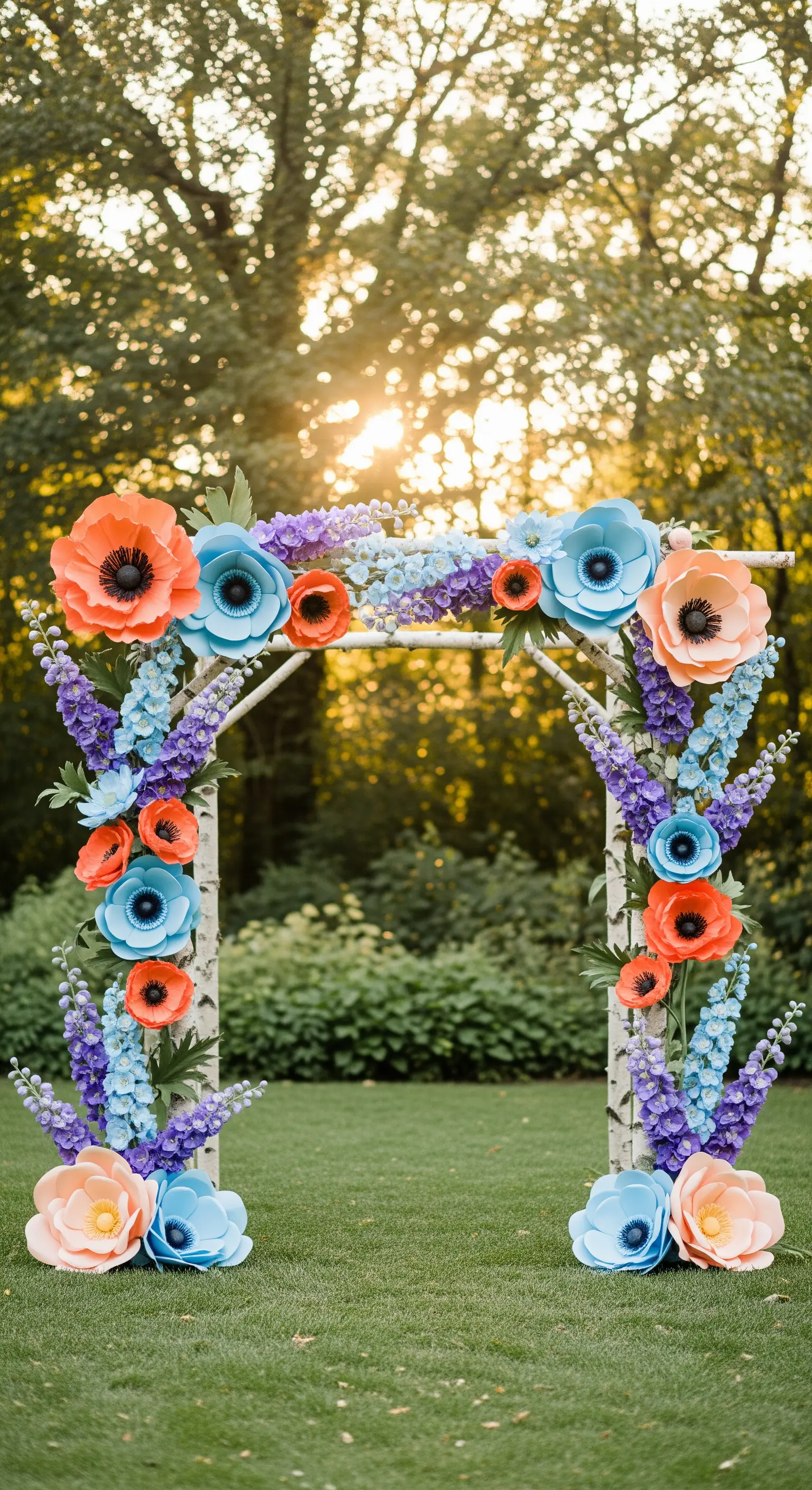 Arco nuziale in legno decorato con grandi papaveri e fiori blu di carta in un giardino.