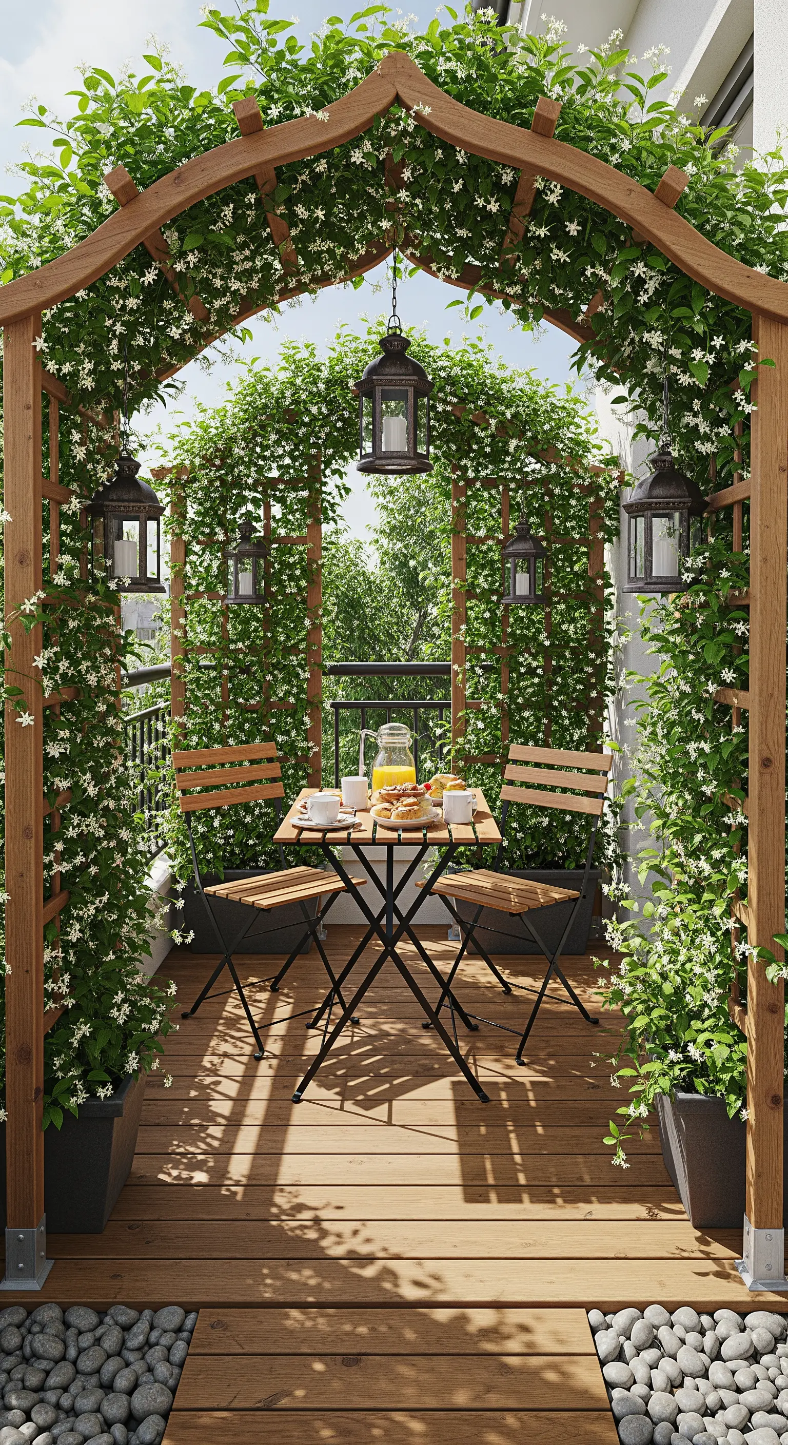 Balcone con arco in legno ricoperto di gelsomino e piccole lanterne appese.