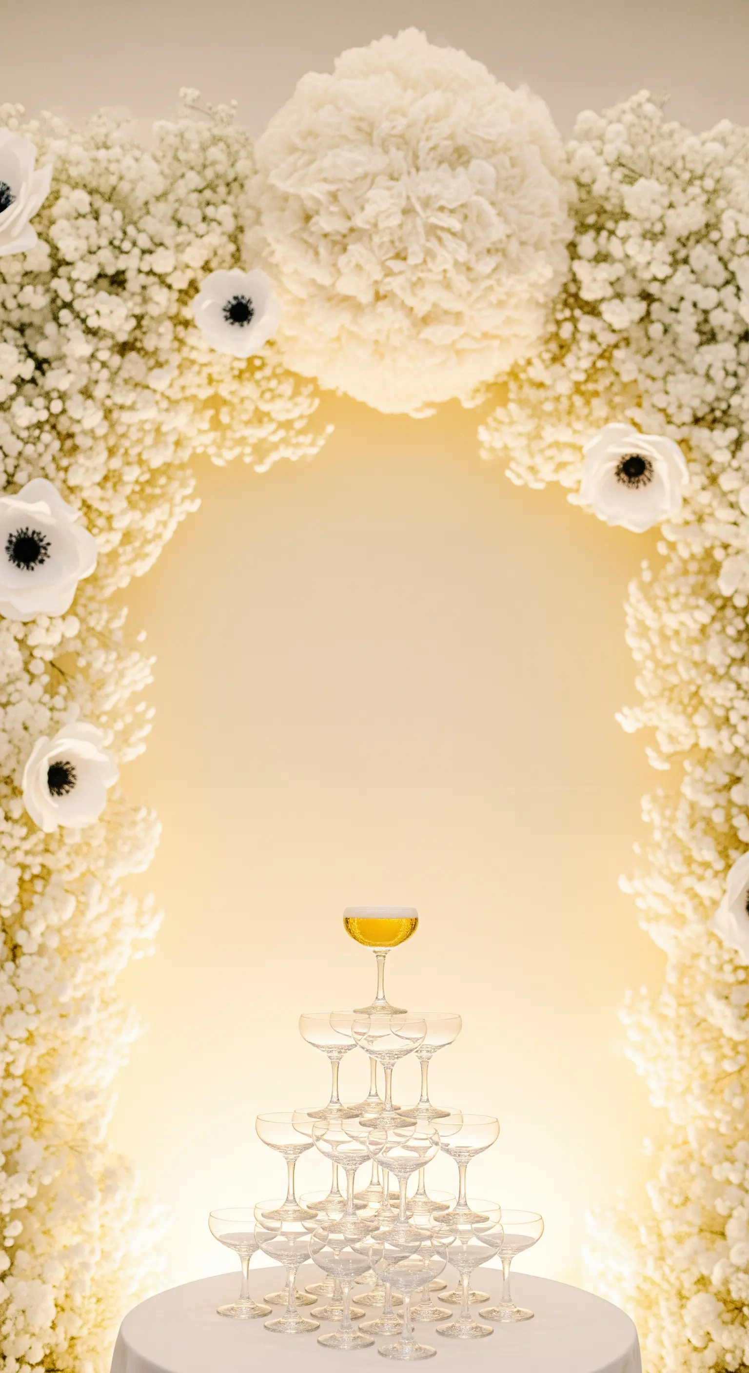 Piramide di coppe di champagne incorniciata da un arco di fiori di carta bianchi e anemoni.