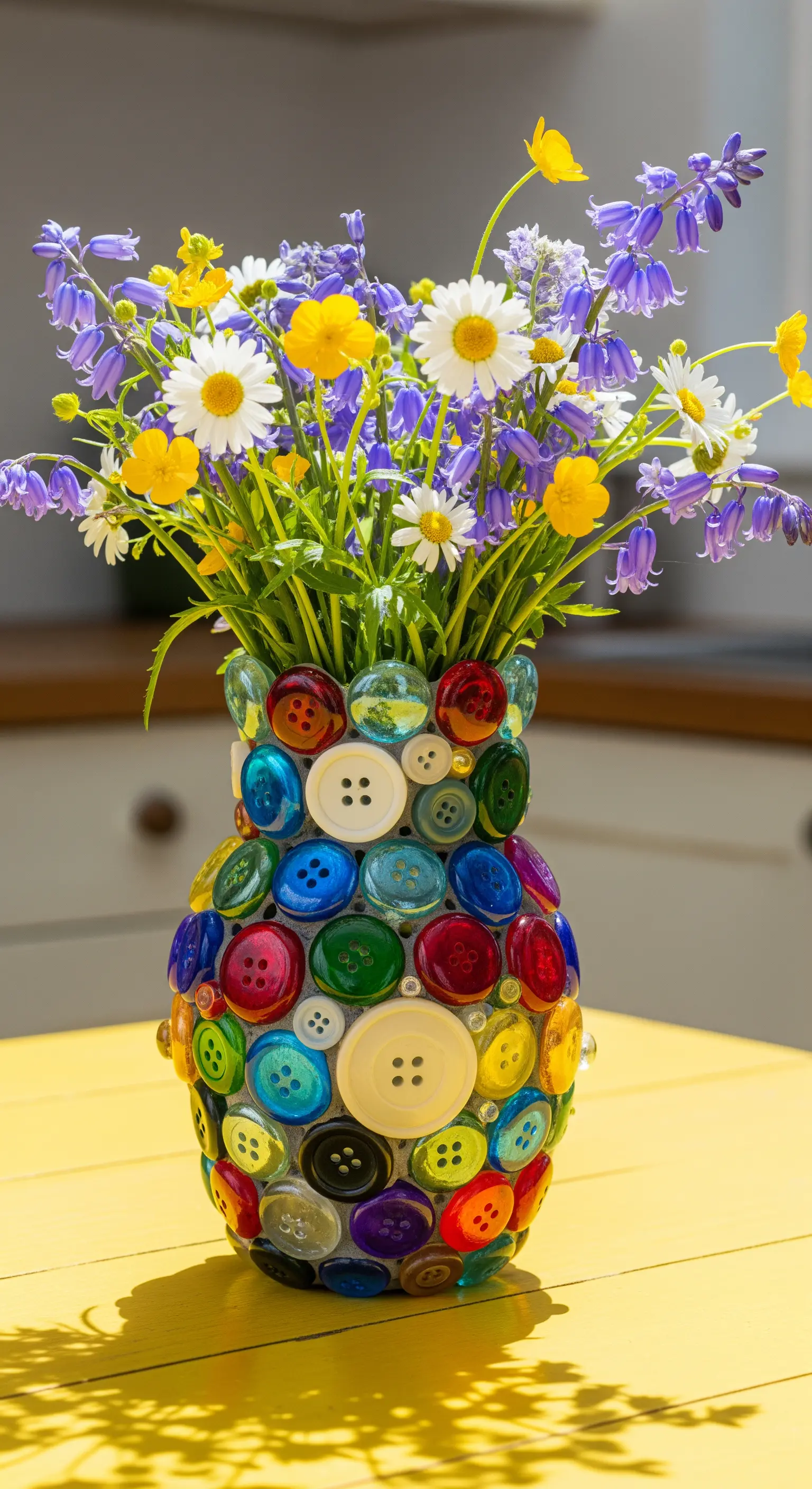 Vaso da fiori interamente ricoperto di bottoni colorati di varie dimensioni, con un mazzo di fiori di campo.