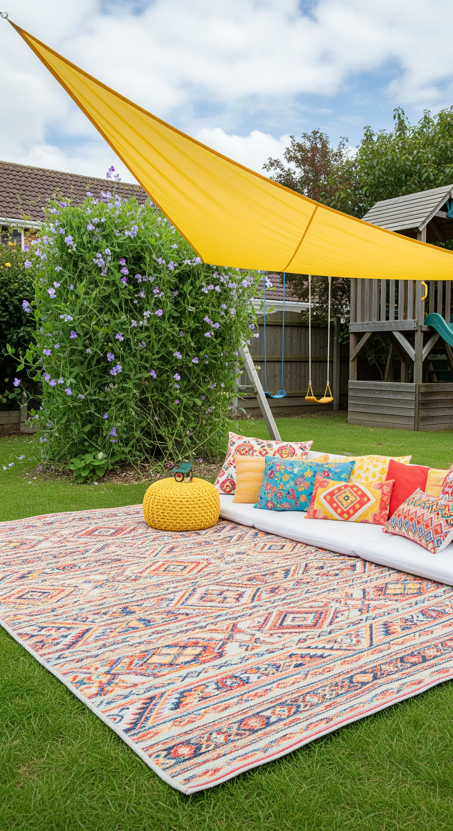 Area gioco in giardino con un grande tappeto geometrico colorato e una tenda a vela gialla.
