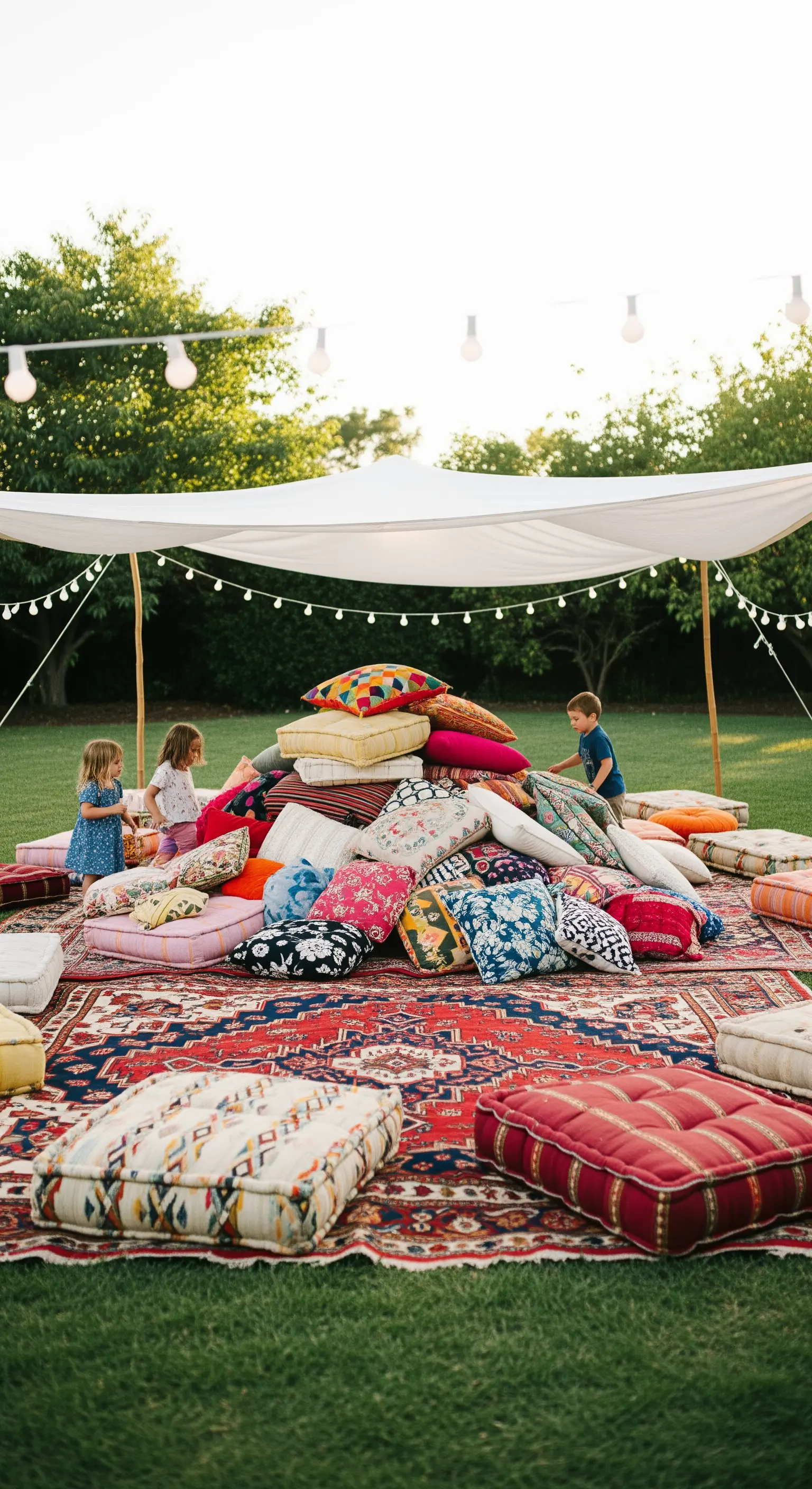 Bambini che giocano su una pila di cuscini colorati e tappeti in un prato.
