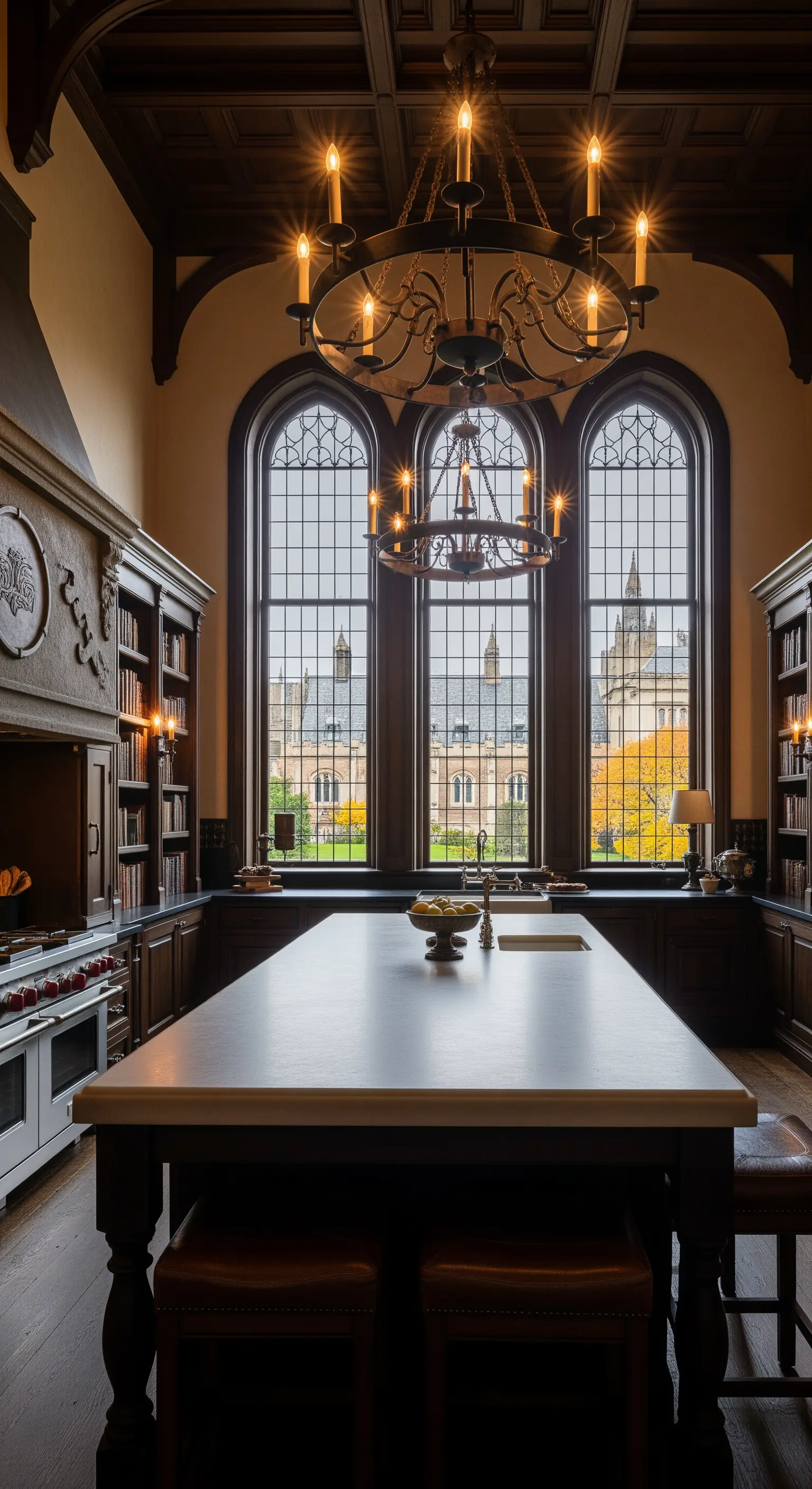 Cucina elegante con mobili-libreria in legno scuro e un grande lampadario a candele