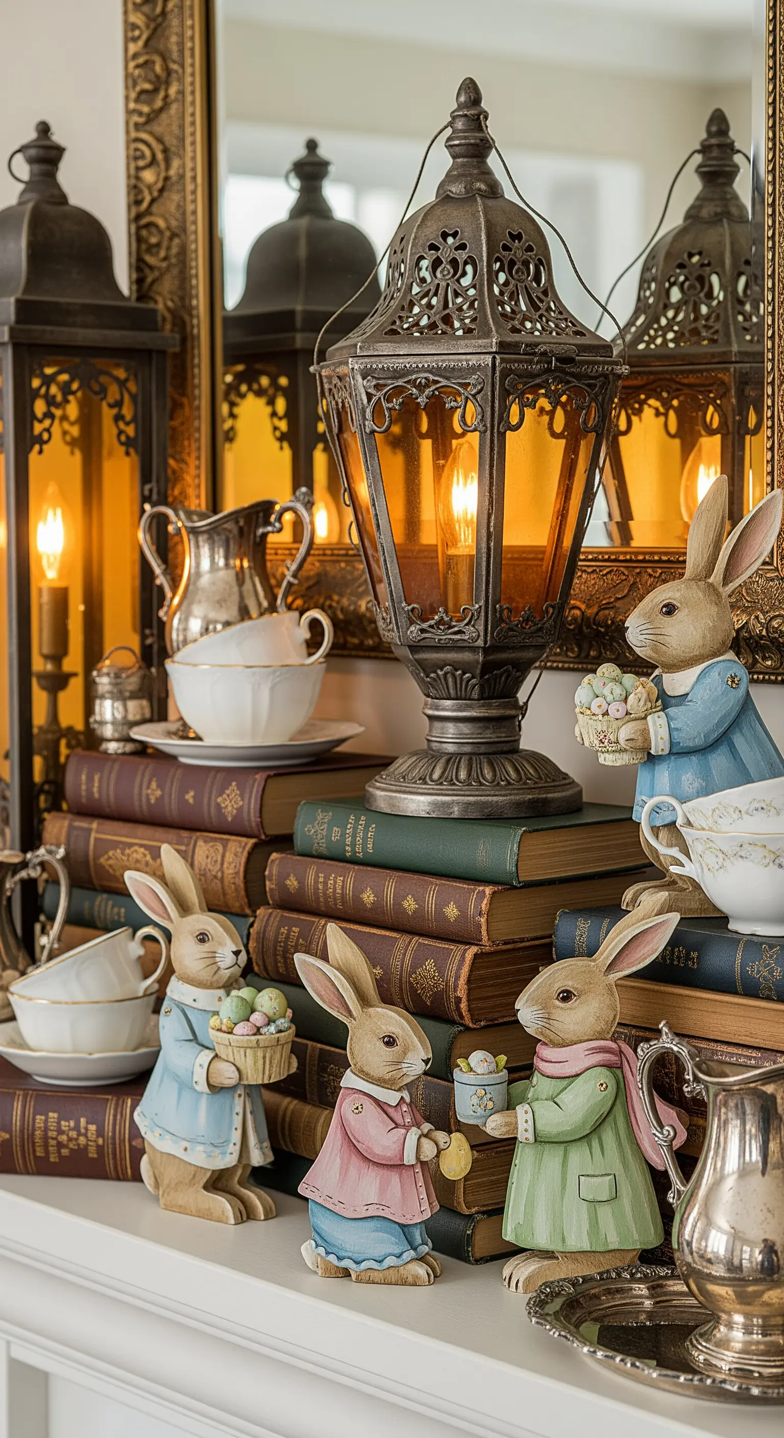 Allestimento pasquale vintage con libri antichi, coniglietti in porcellana e una lanterna ornata.