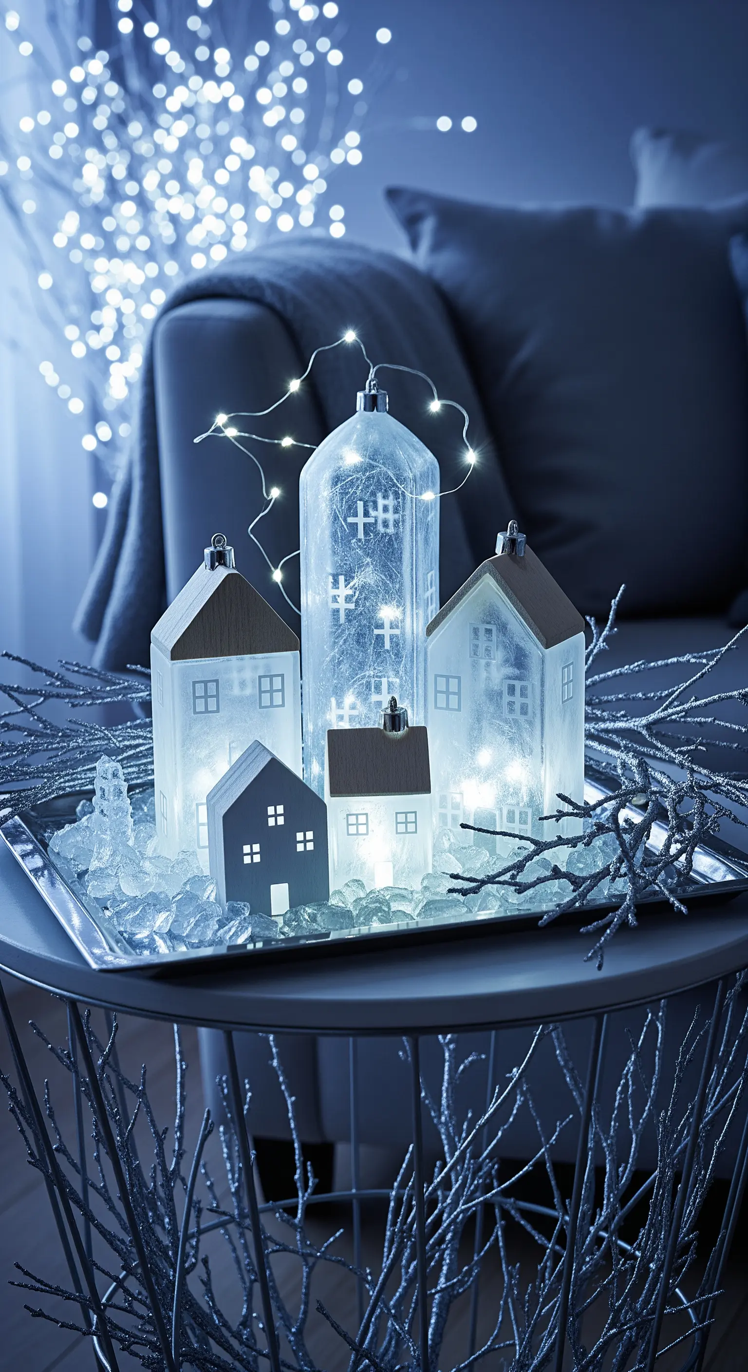 Composizione su un vassoio con casette di vetro illuminate da luci fredde e ghiaccio finto.