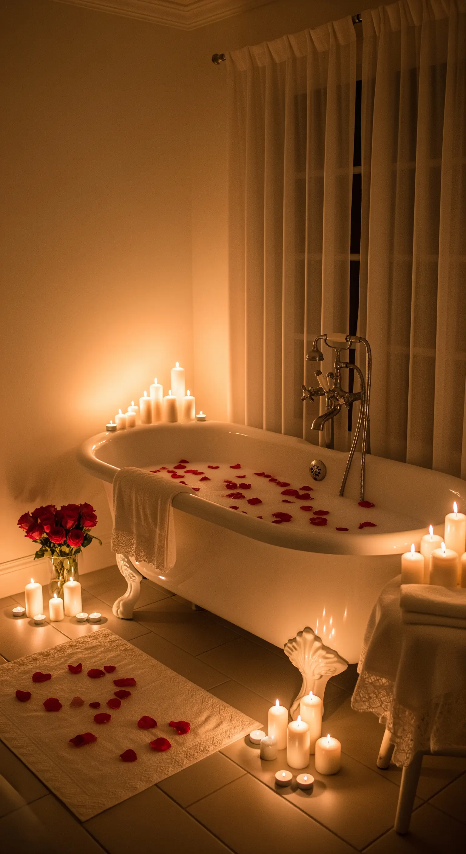 Vasca da bagno vintage piena di schiuma e petali, illuminata solo da decine di candele.