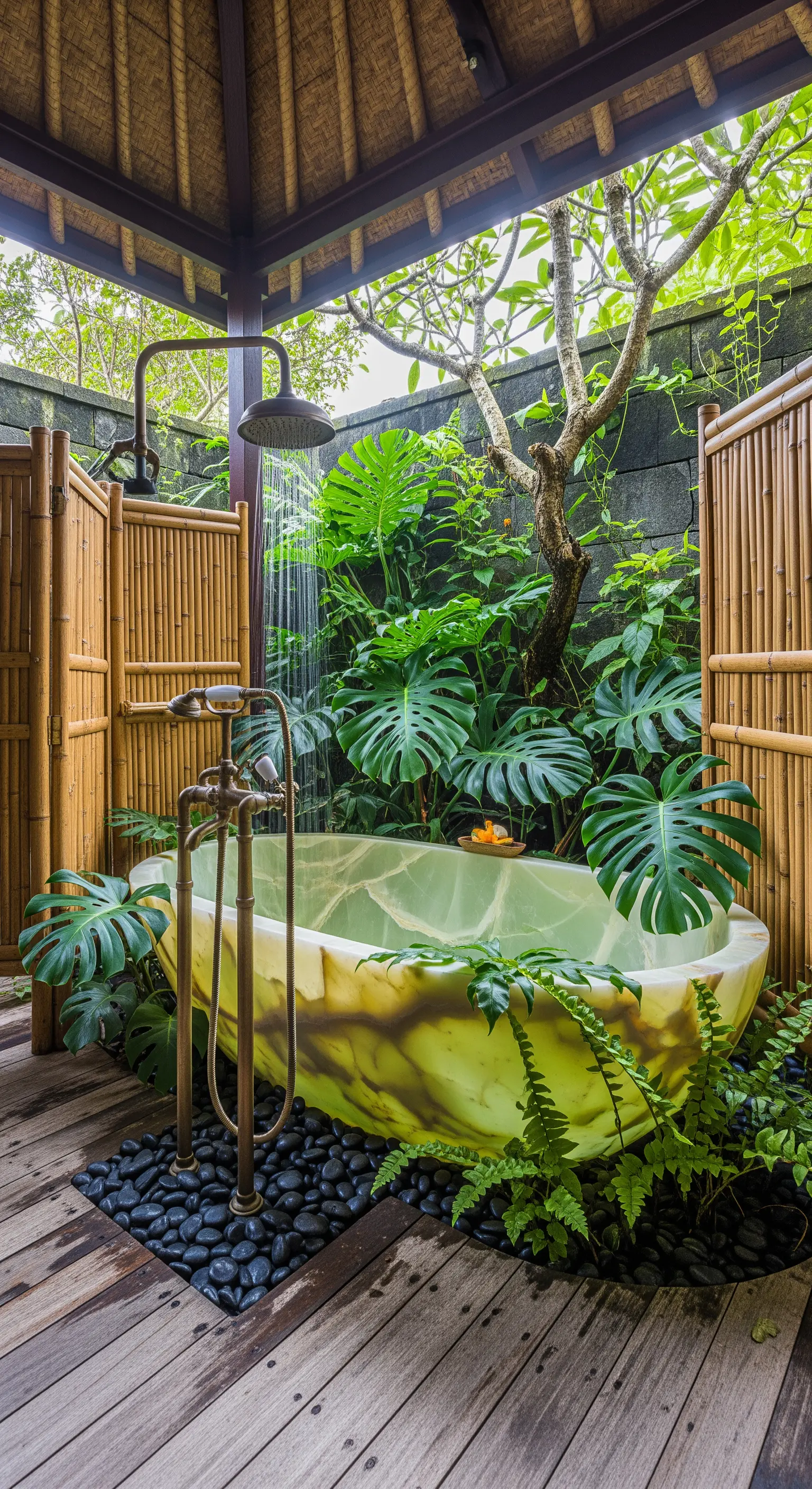 Vasca in onice verde circondata da piante tropicali in un bagno all'aperto.